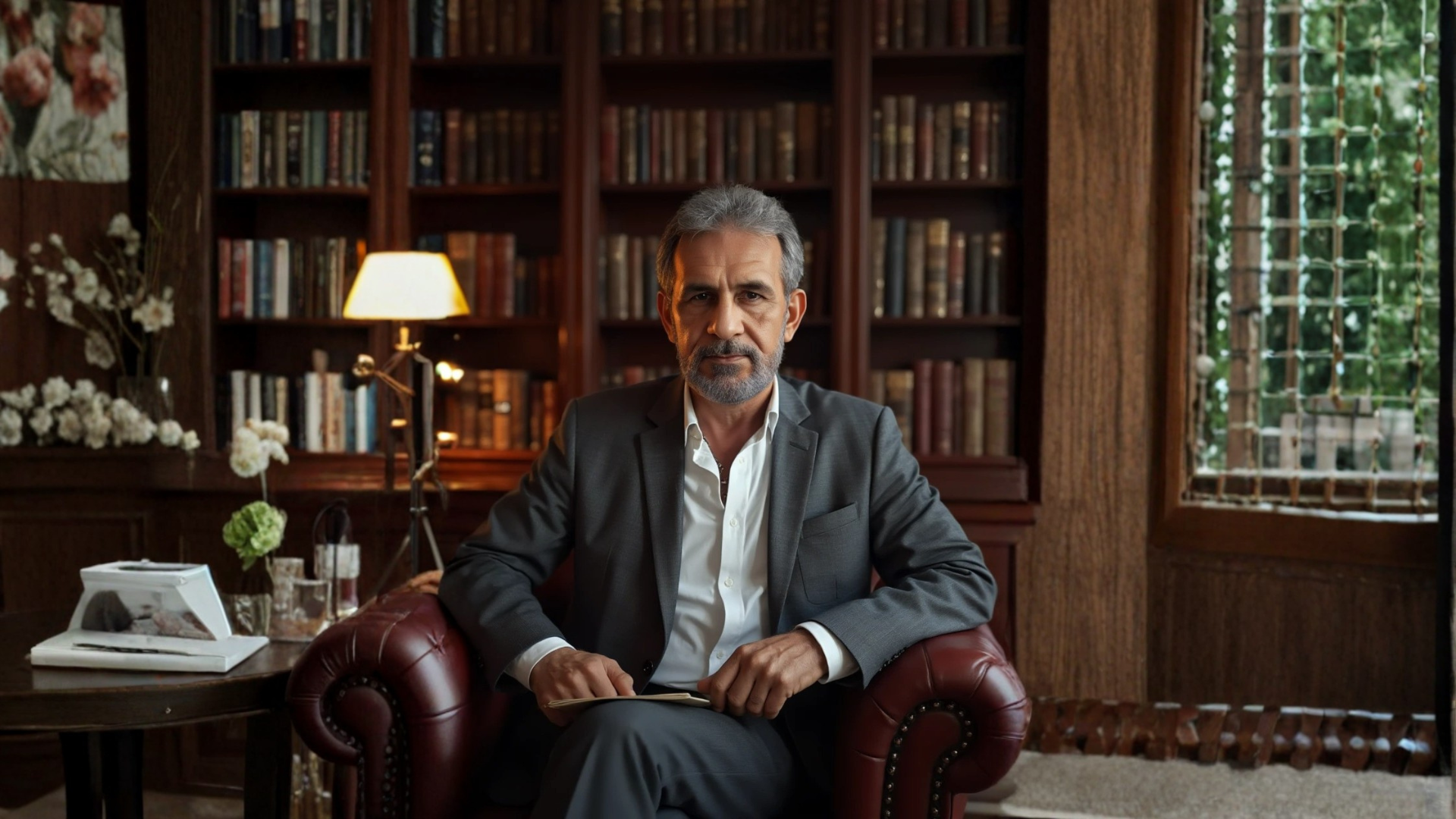 a living room with two chairs and a plant