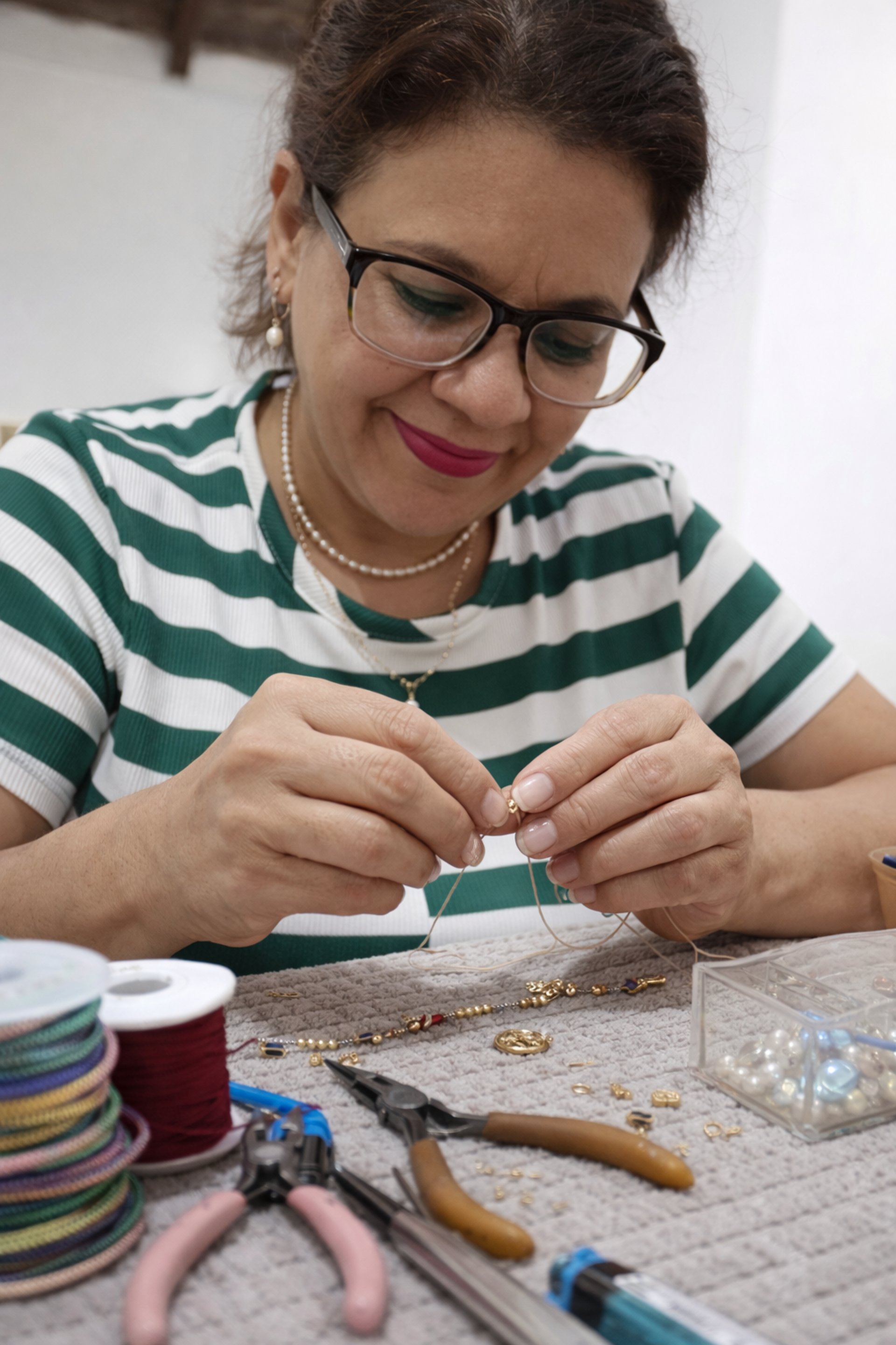Mujer trabajando en pulseras tejidas con hilos