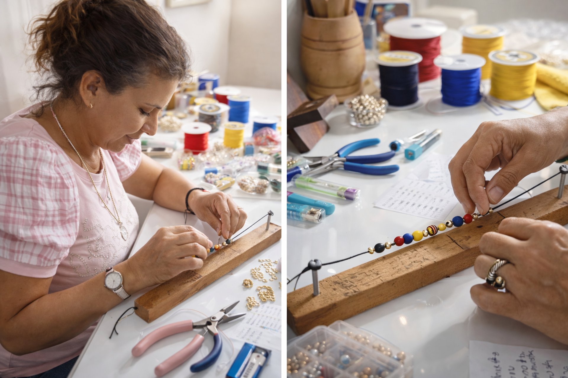 Mujer trabajando con herramientas y materiales para crear bisutería