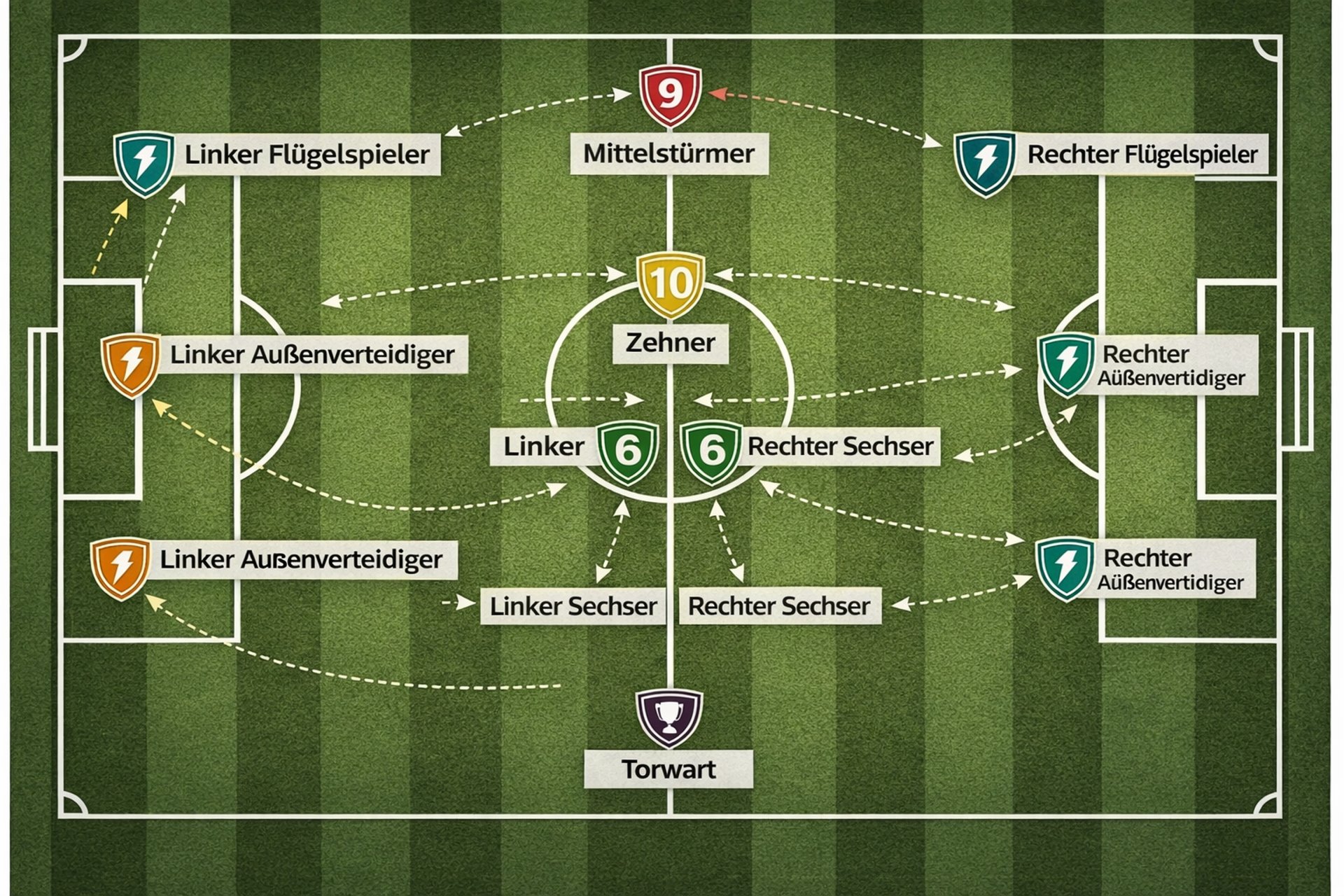 4 2 3 1 Infografik mit Fußballfeld, Positionen und Bewegungsrichtungen