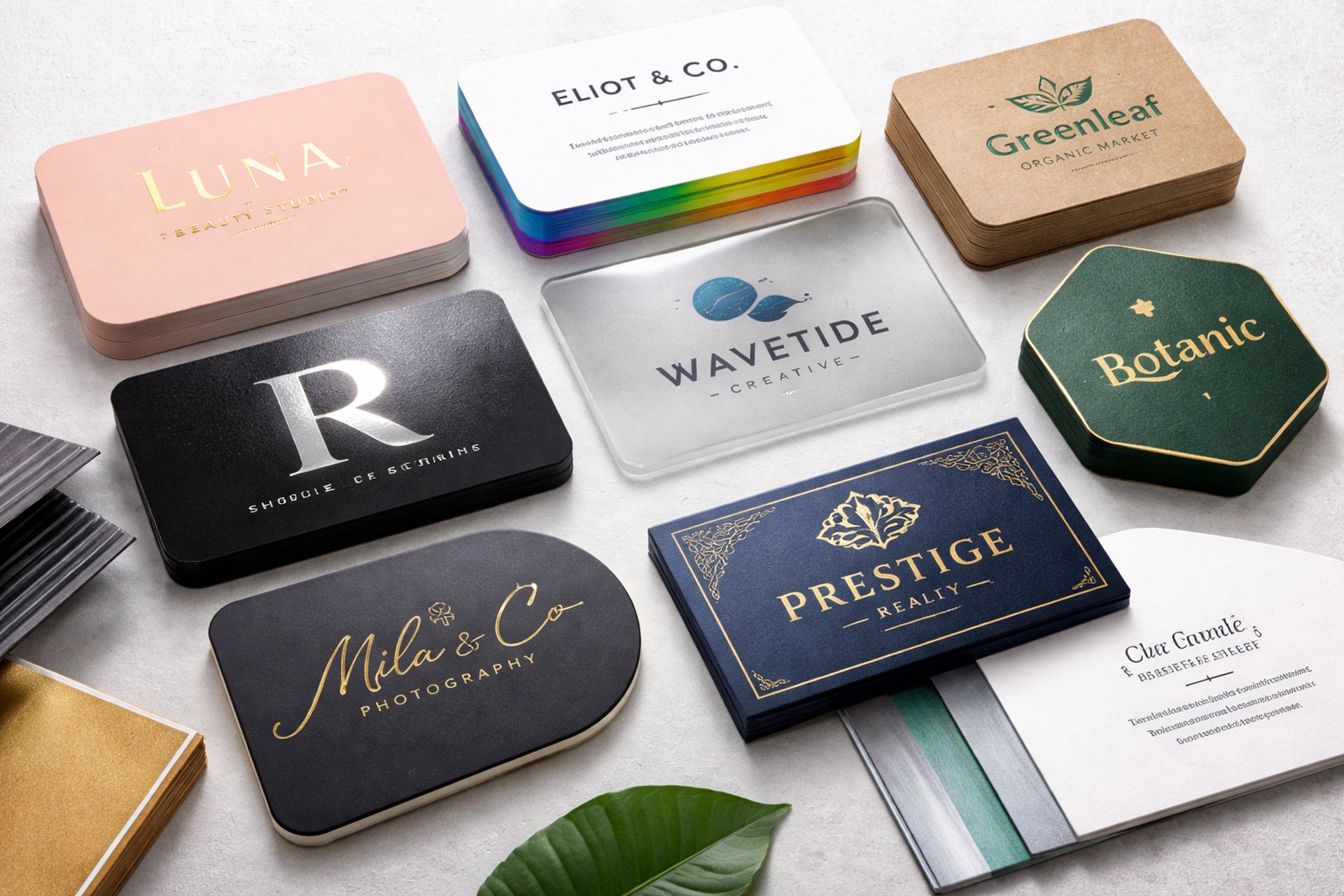 Stacks of thick business cards in different colors and paper finishes arranged in layers