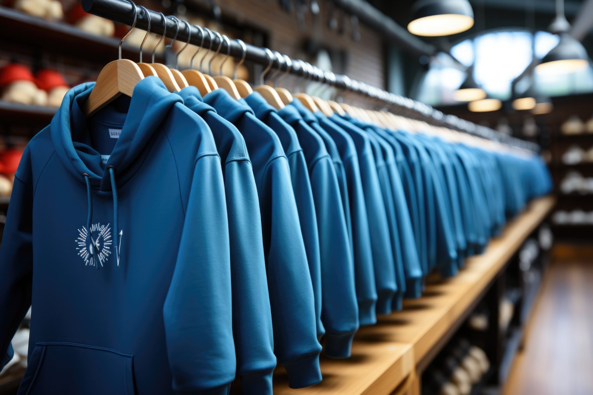 Row of blue uniform jackets hanging on a clothing rack with embroidered chest logos