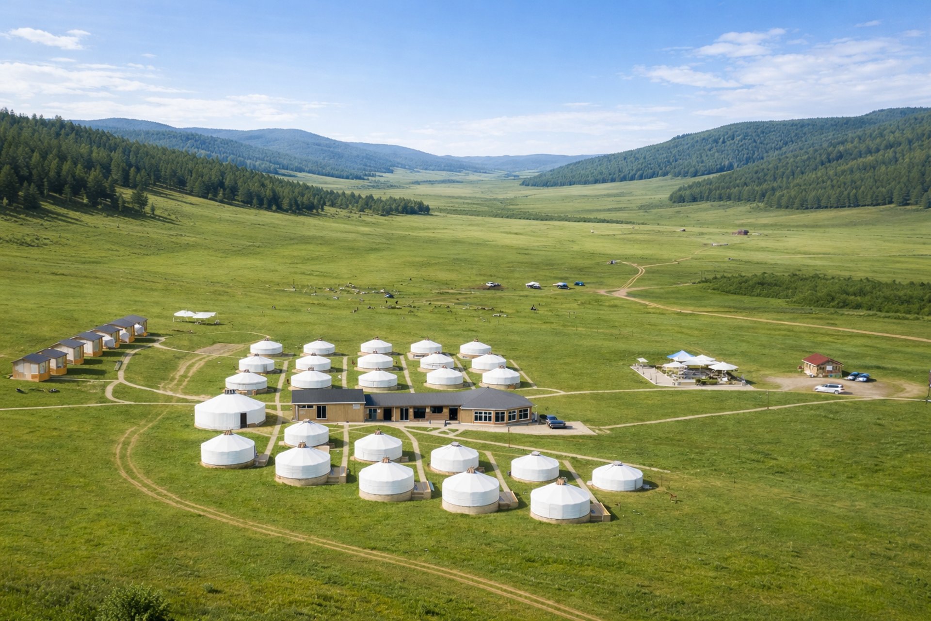 Yurt village nestled in a valley with autumn trees.