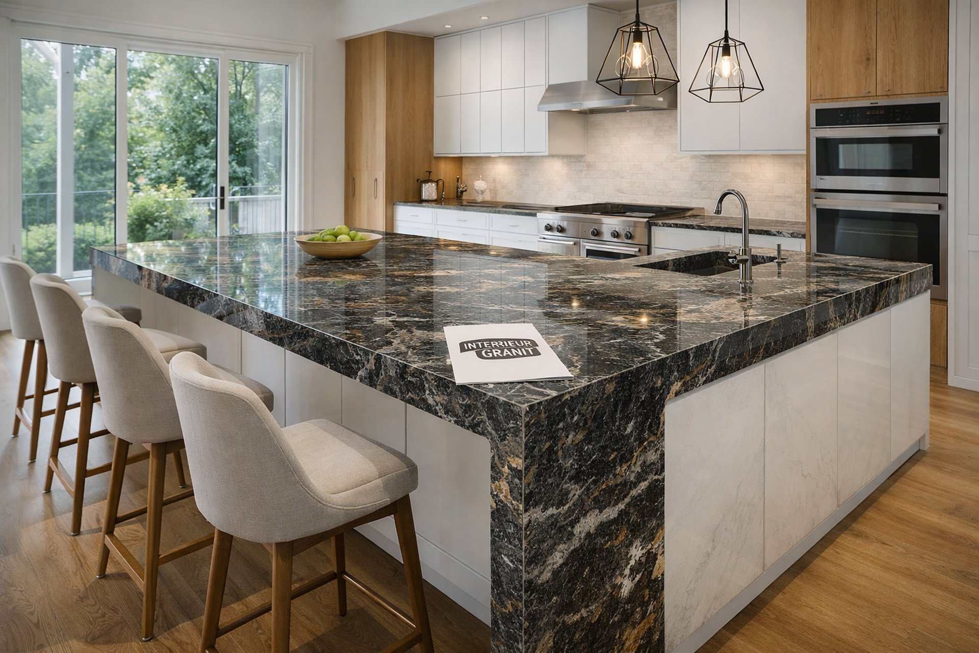 a kitchen with a marble counter top and white cabinets