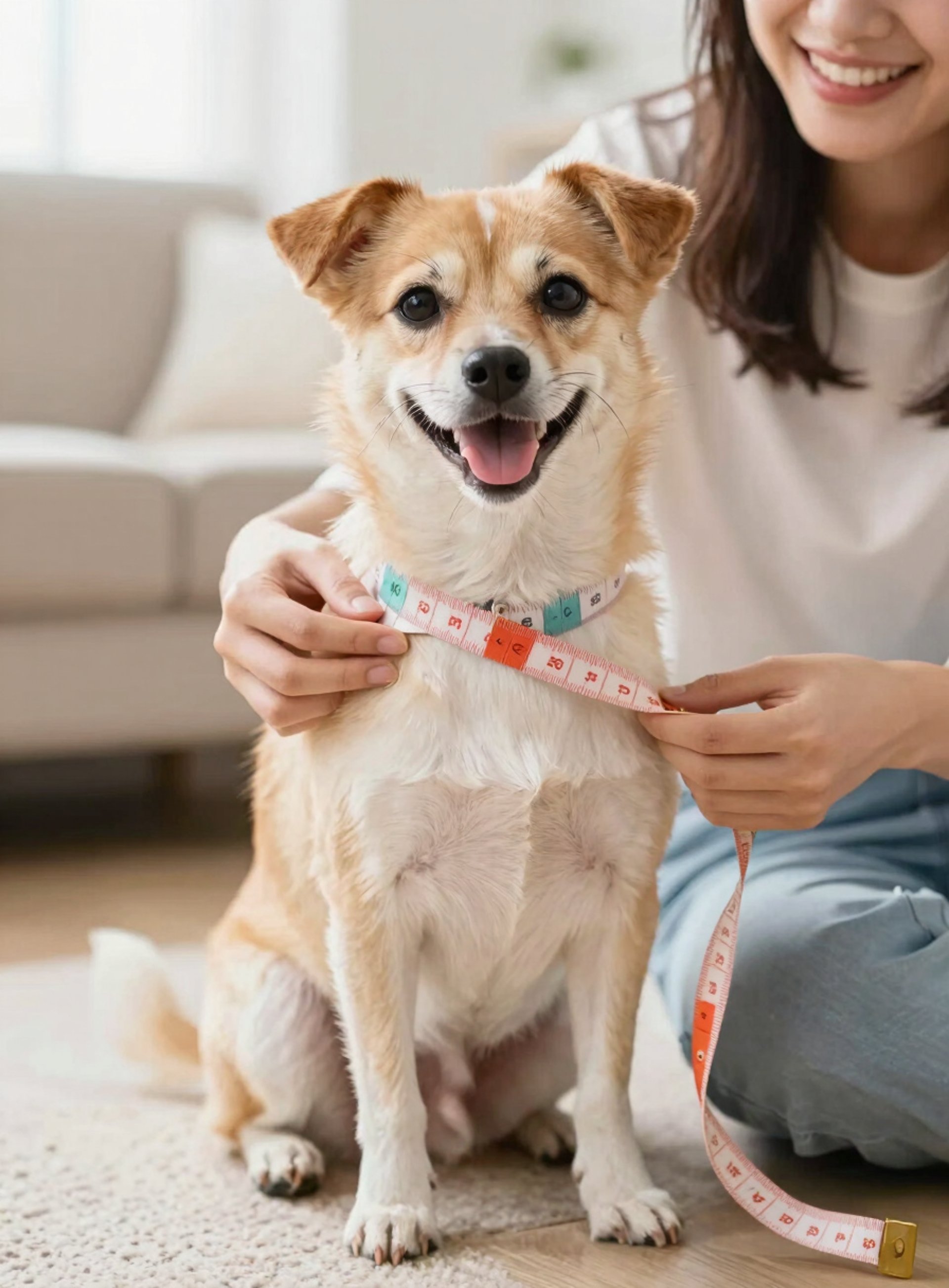 Persona midiendo un perro con cinta metrica para elaborar ropa 
