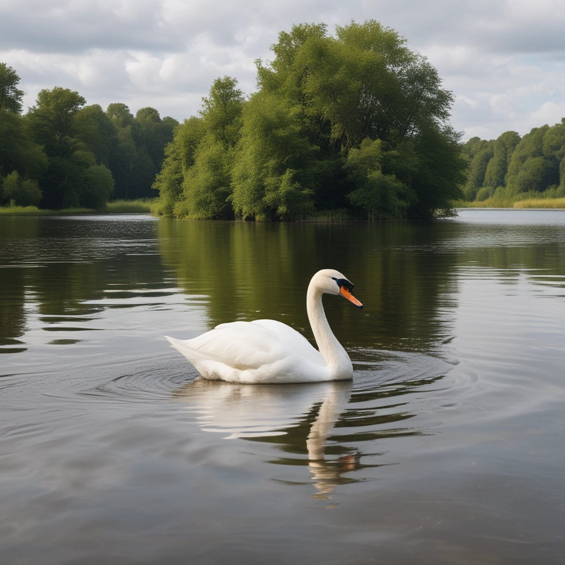 a white swan floating on top of a lake under a cloudy sky
