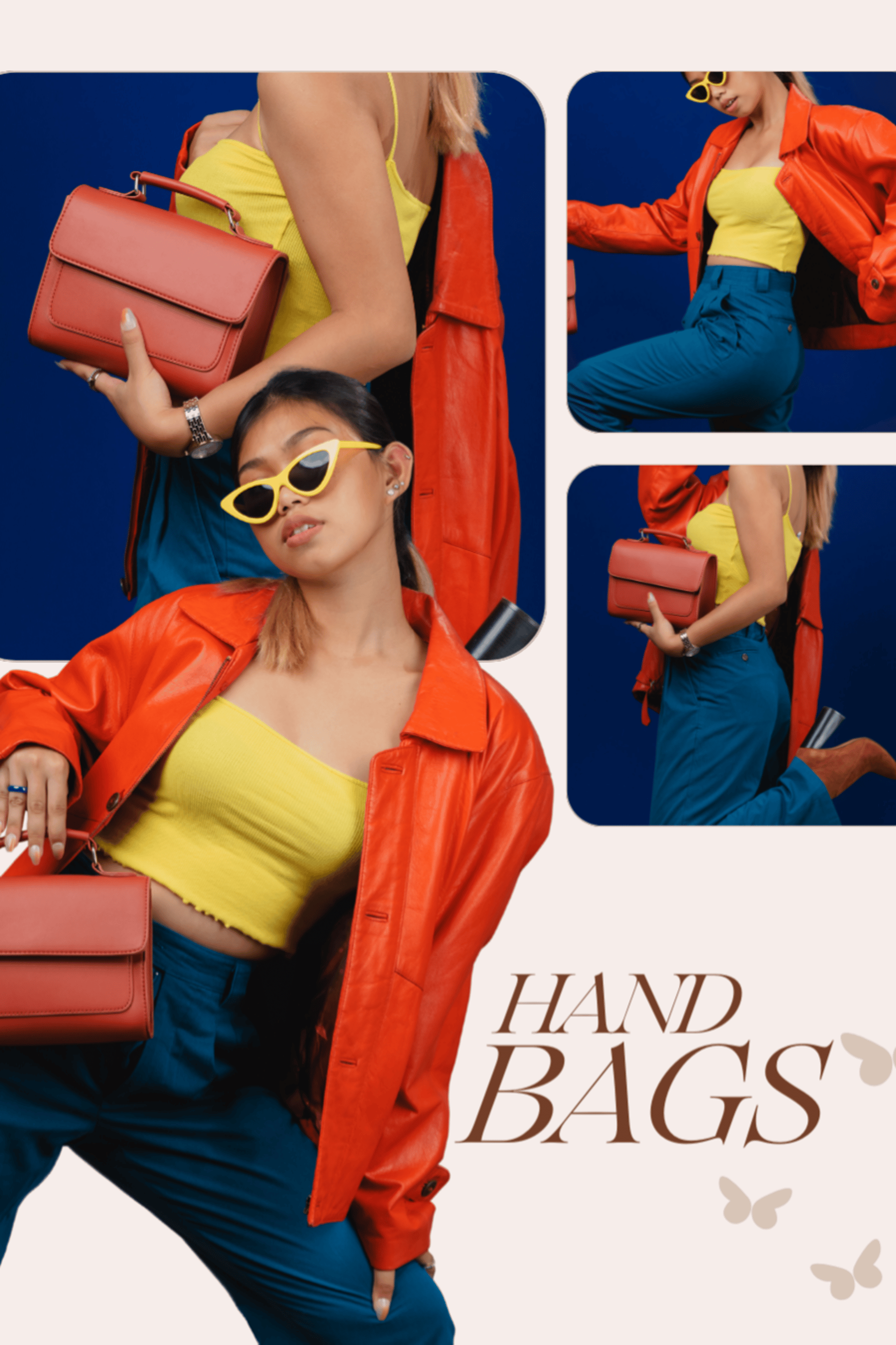 a woman in a red dress holding shopping bags