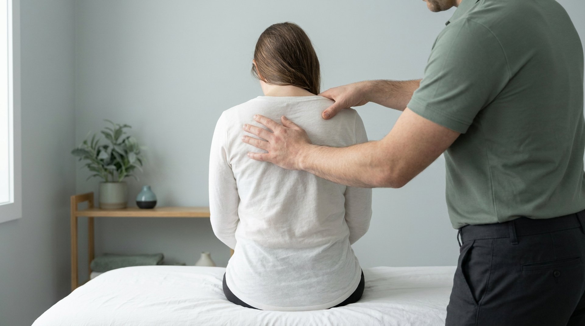 Close up of manual osteopathy treatment being performed on a patient's back in a clinical setting.