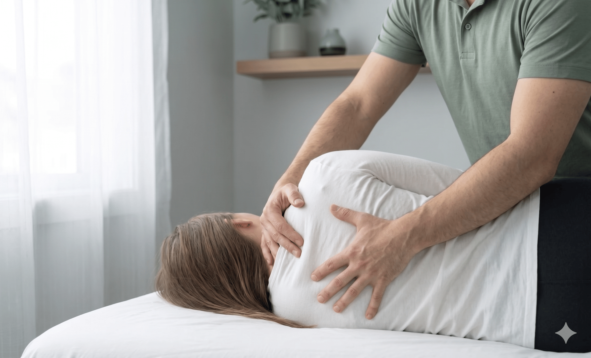 Hands-on assessment of a patient's posture and movement during a clinical consultation.