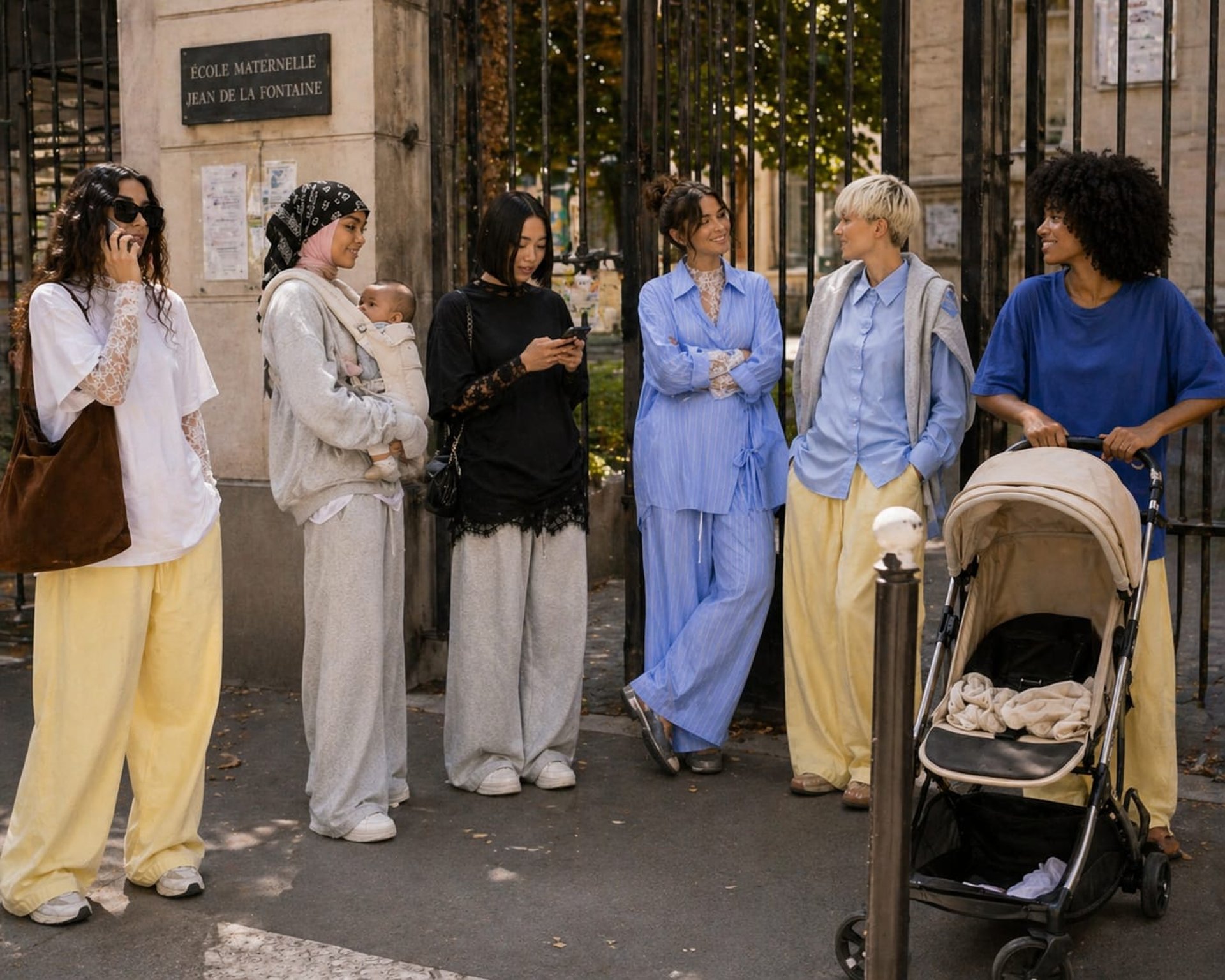 Mamans BEWOOMAN au style oversize et layering chic devant l’école, mode inclusive et féminine du quotidien.