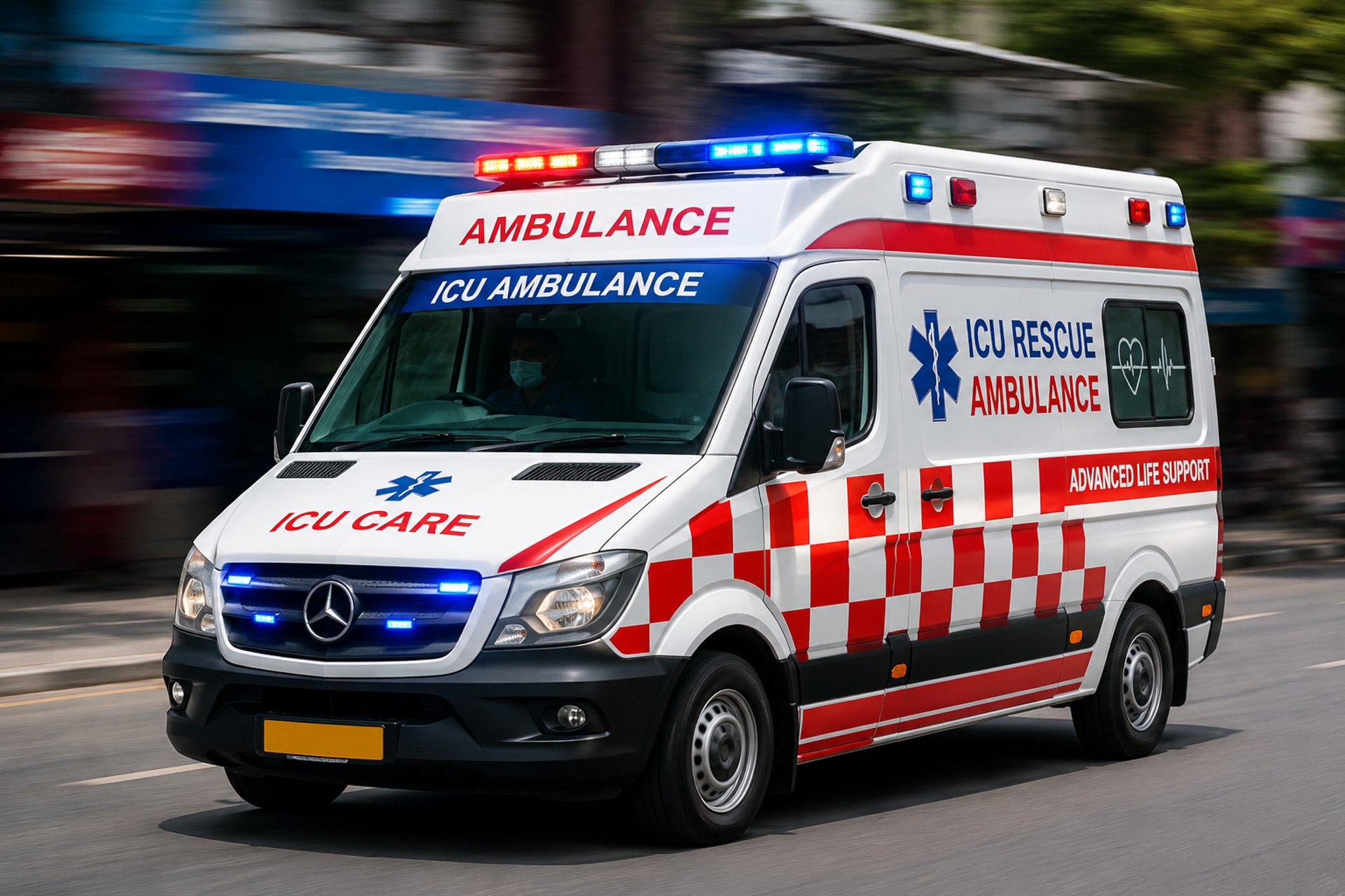 a man standing next to an ambulance parked on the side of a road