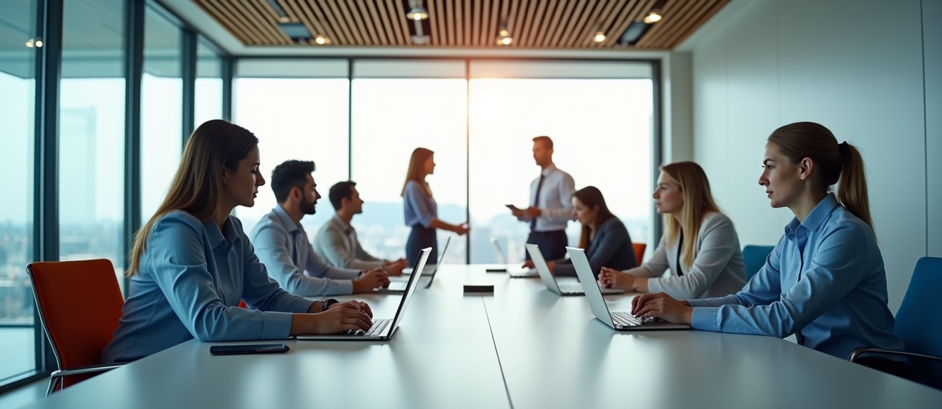 people having meeting on rectangular brown table