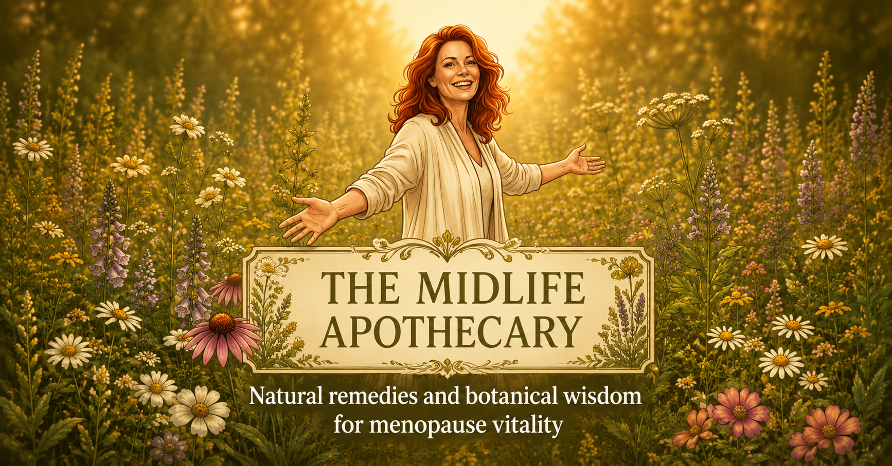 Smiling woman in a wildflower field with The Midlife Apothecary sign for menopause natural remedies.