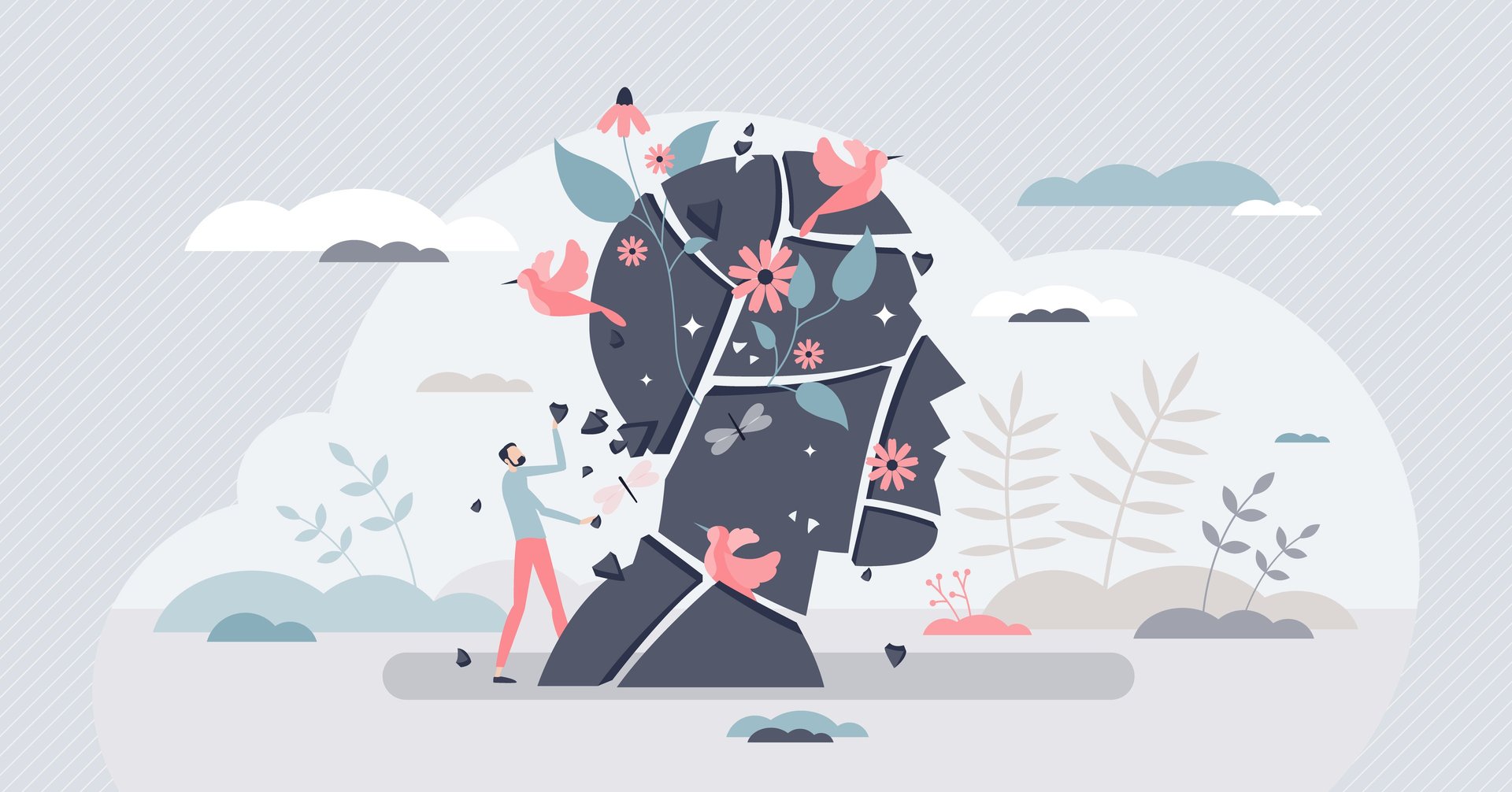 Symbolique de la psychothérapie, homme qui travaille sur son mental, sa psyché, son cerveau