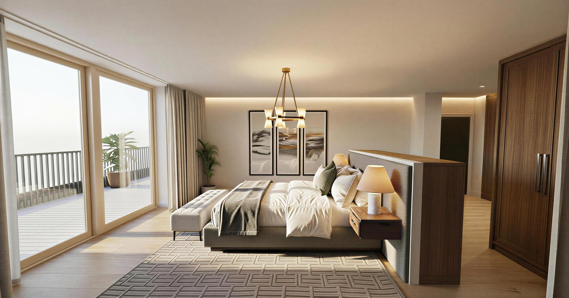 Modern luxury master bedroom with a king-size bed, gold chandelier, and balcony view.