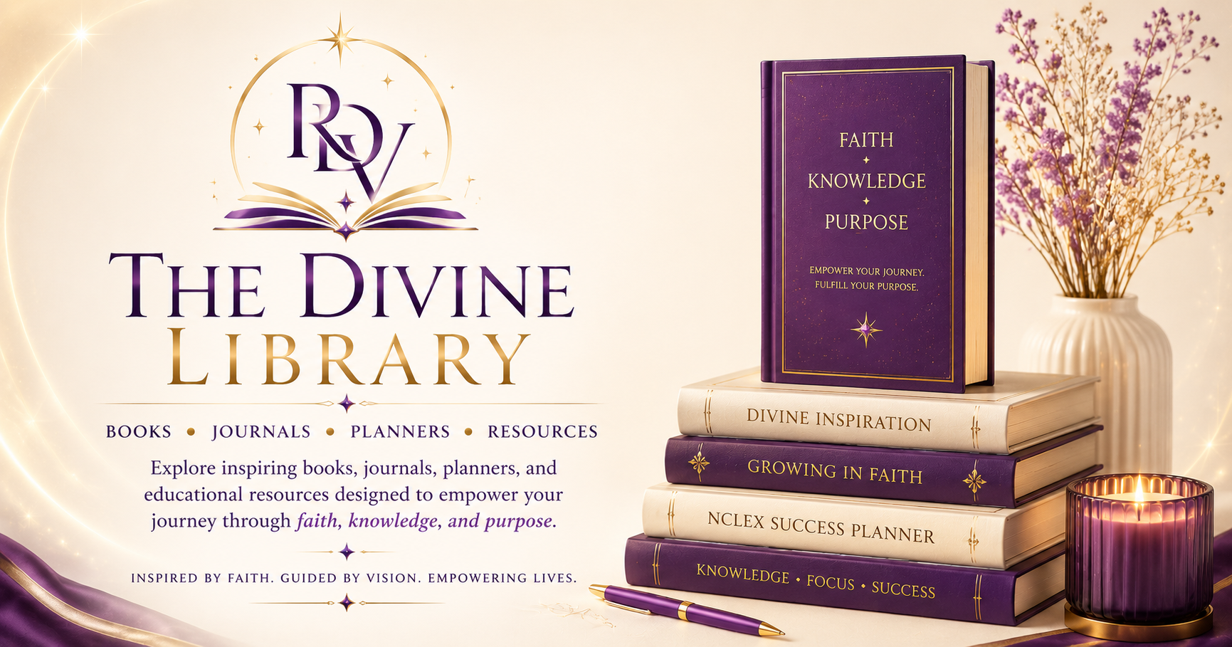 Collection of purple and gold journals, books, and planners from The Divine Library religious resource collection.