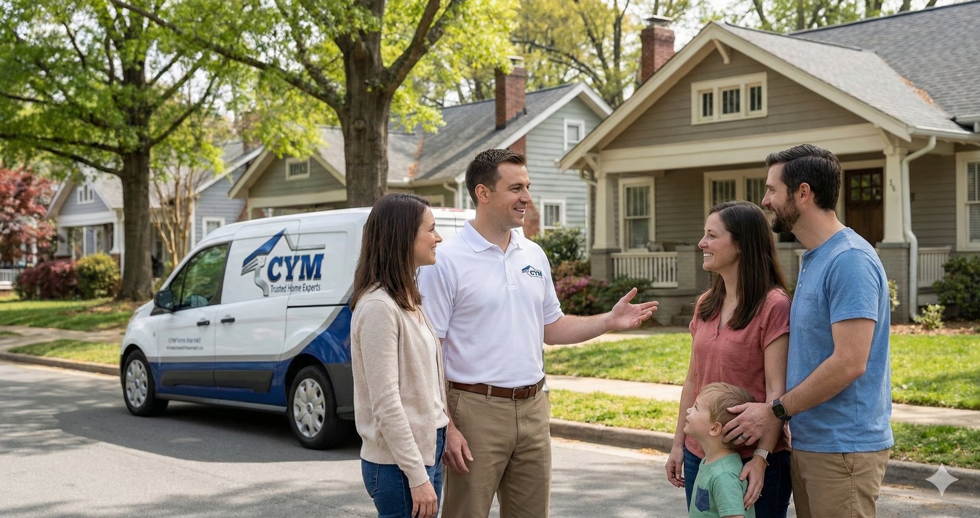 Durham NC contractor explaining roofing gutter and siding project to homeowners