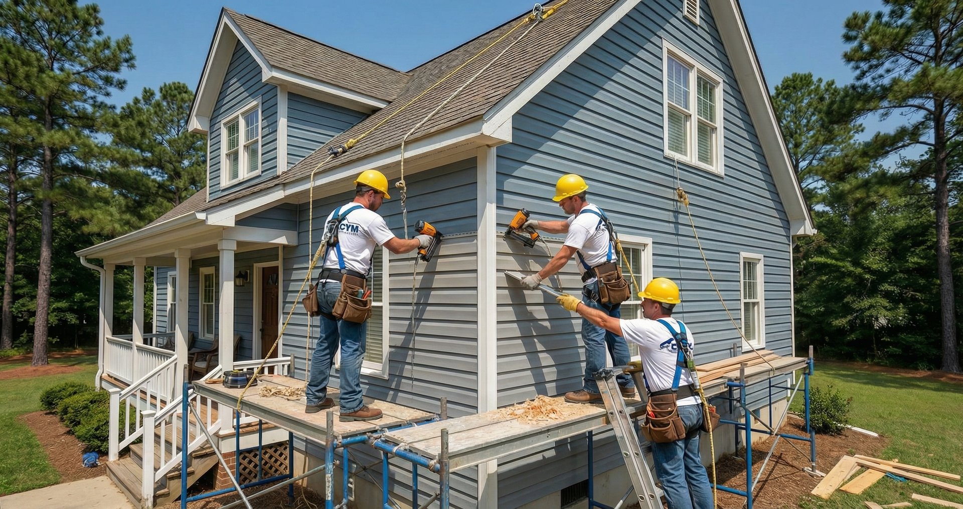 Siding repair contractors fixing damaged vinyl siding in Durham NC
