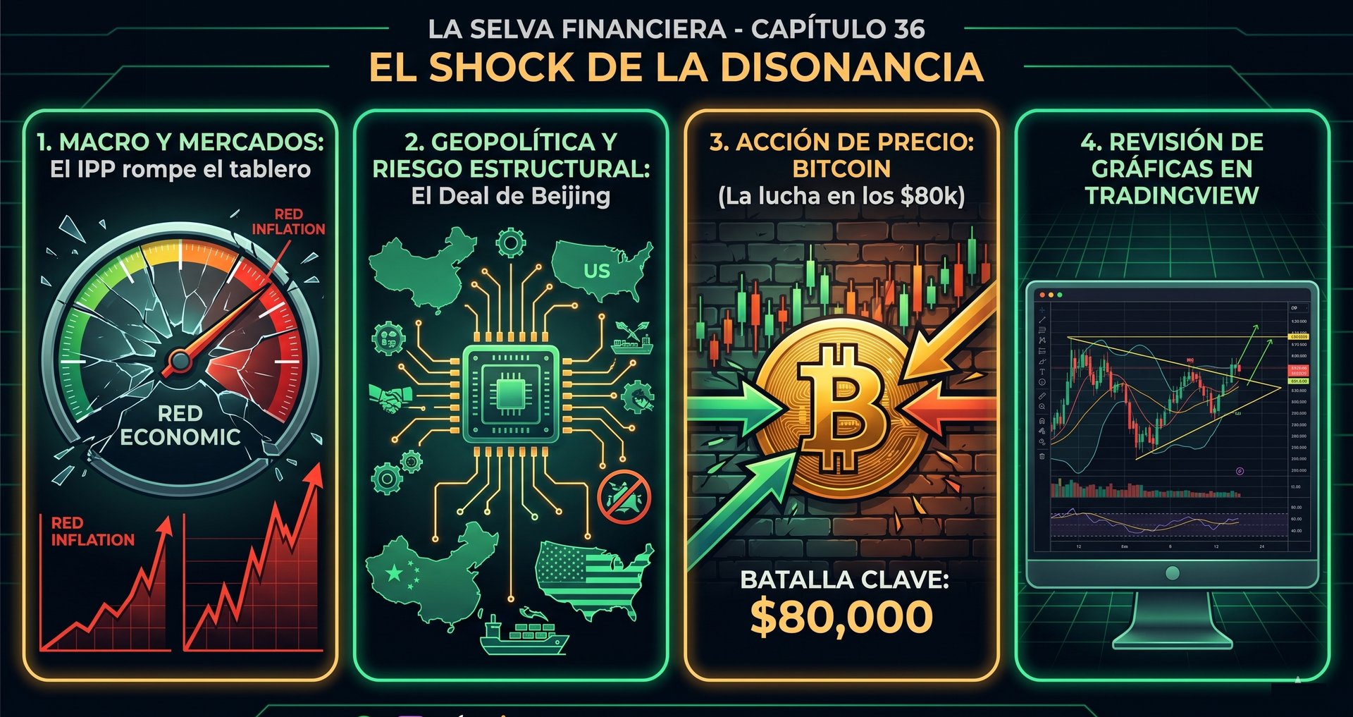 Financial market analysis infographic covering Bitcoin price action, macroeconomics, and TradingView charts.