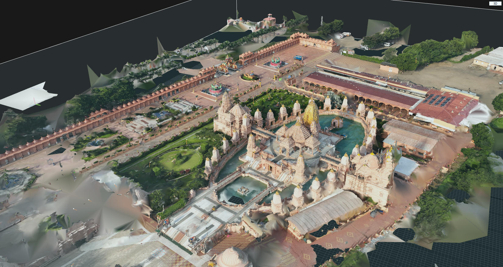 Aerial 3D model of a grand Hindu temple complex with traditional stone architecture and gardens.