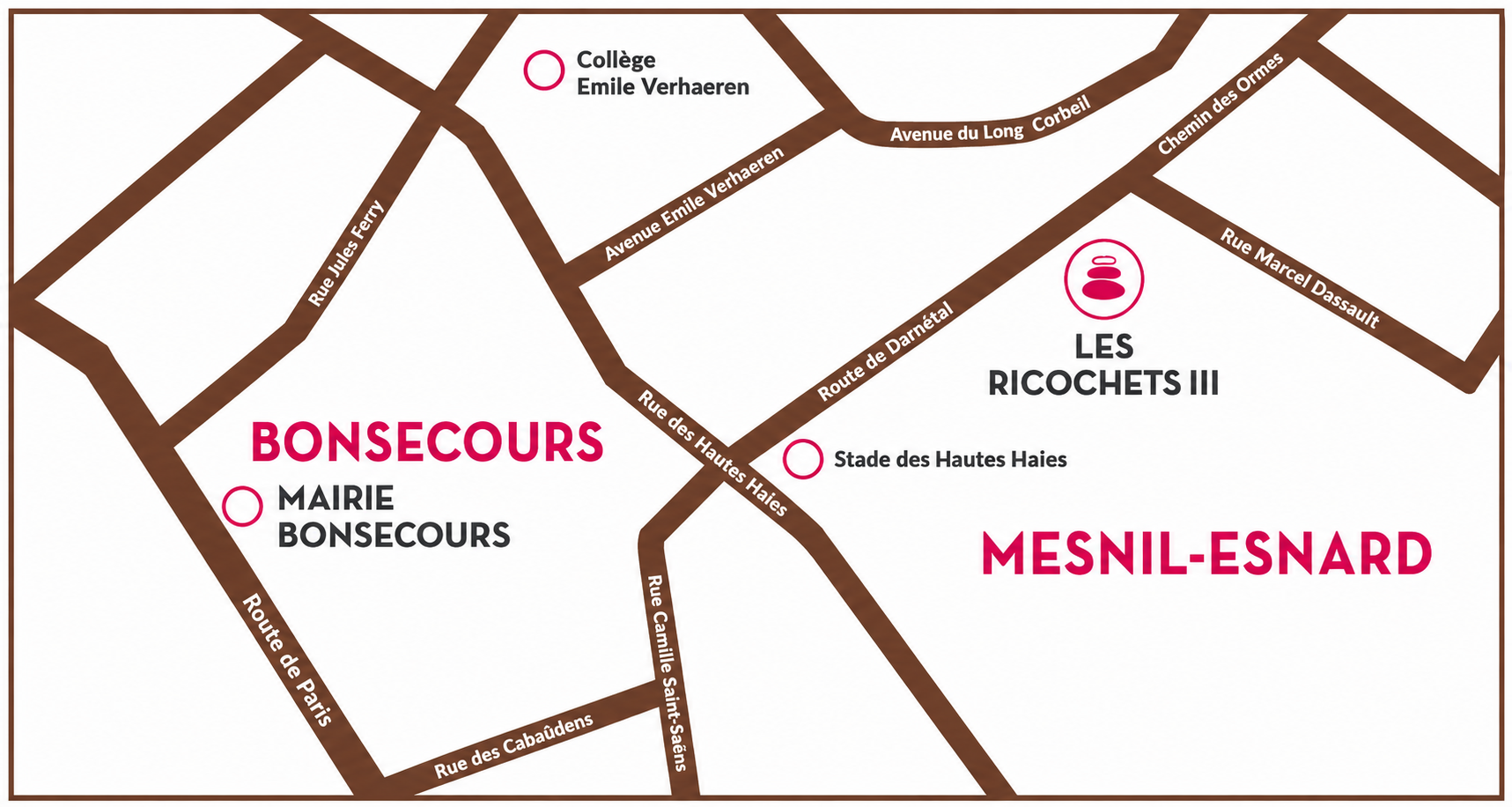 Localisation de la résidence Les Ricochets III au Mesnil-Esnard près de Bonsecours et des principaux