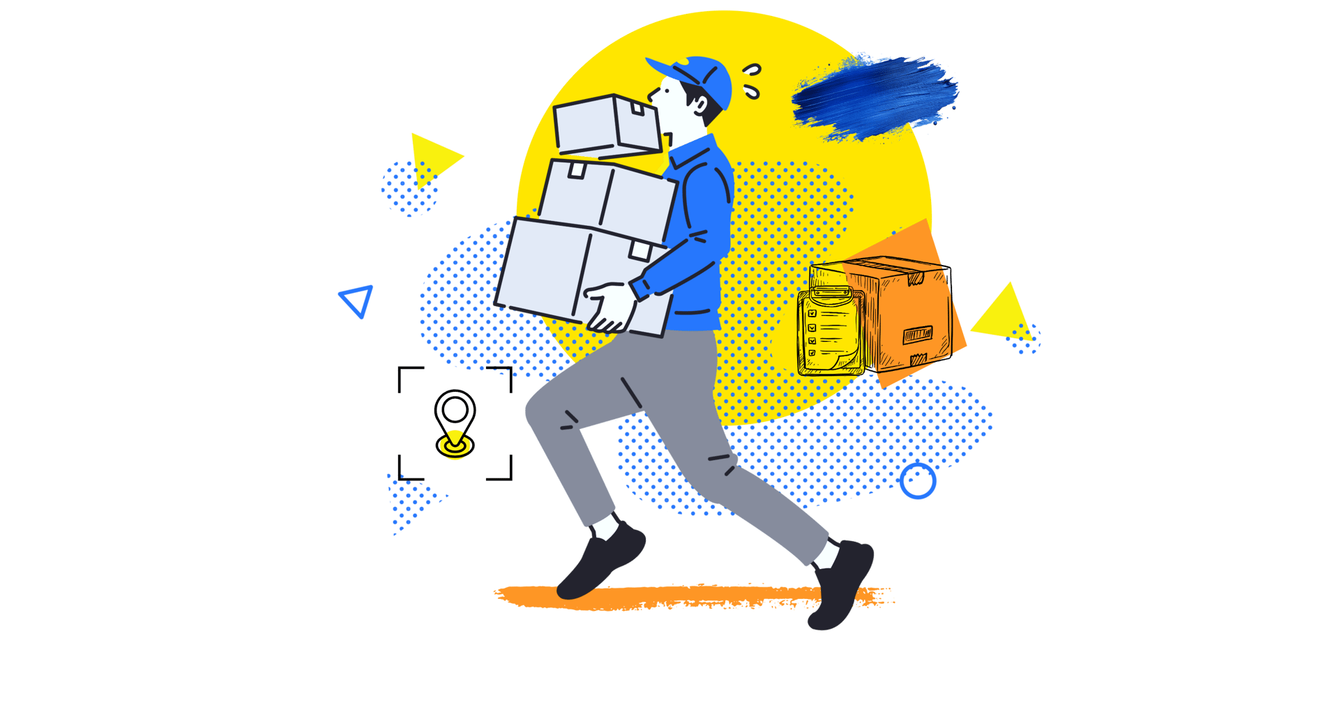 Courier carrying a stack of shipping boxes illustrating fast delivery logistics and order fulfillment.