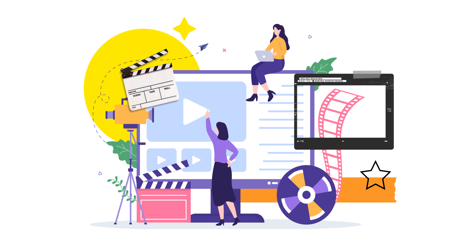 Flat vector illustration of editors creating video content using digital software and film production tools.
