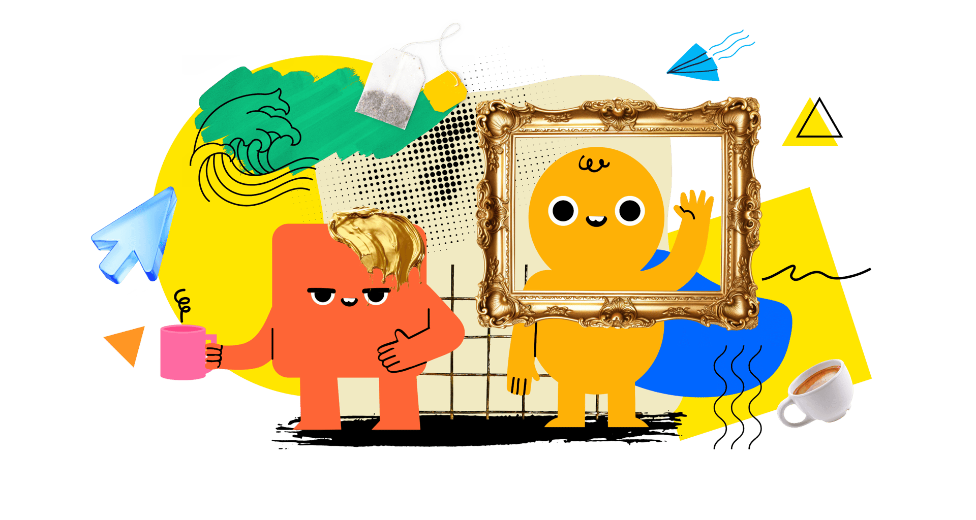 Creative collage featuring playful characters, a gold picture frame, and artistic graphic design elements.