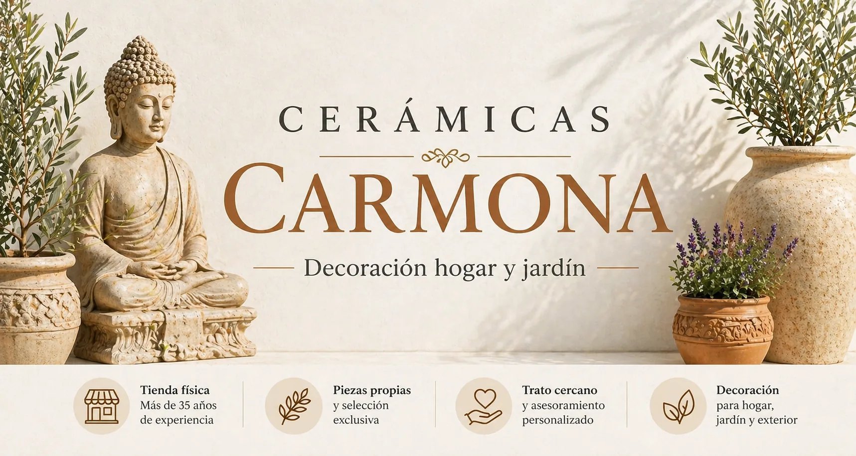 Cerámicas Carmona banner featuring a stone Buddha statue, ceramic pots, and Mediterranean home garden decor.