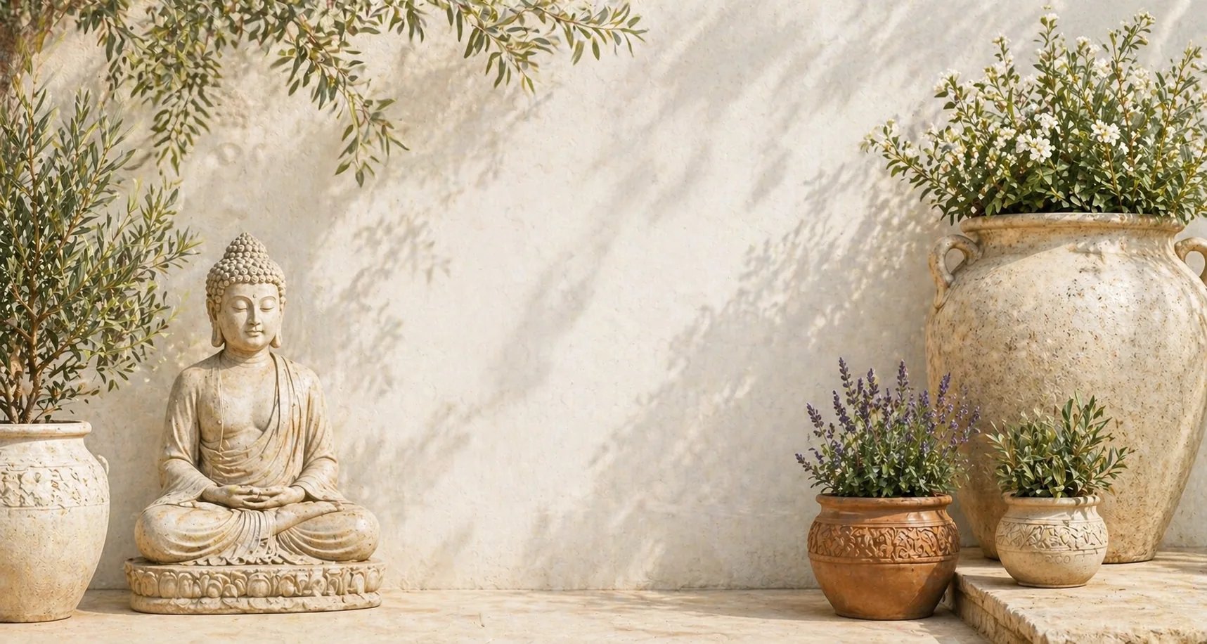 Zen garden decor featuring a stone Buddha statue and potted plants against a sunny wall.