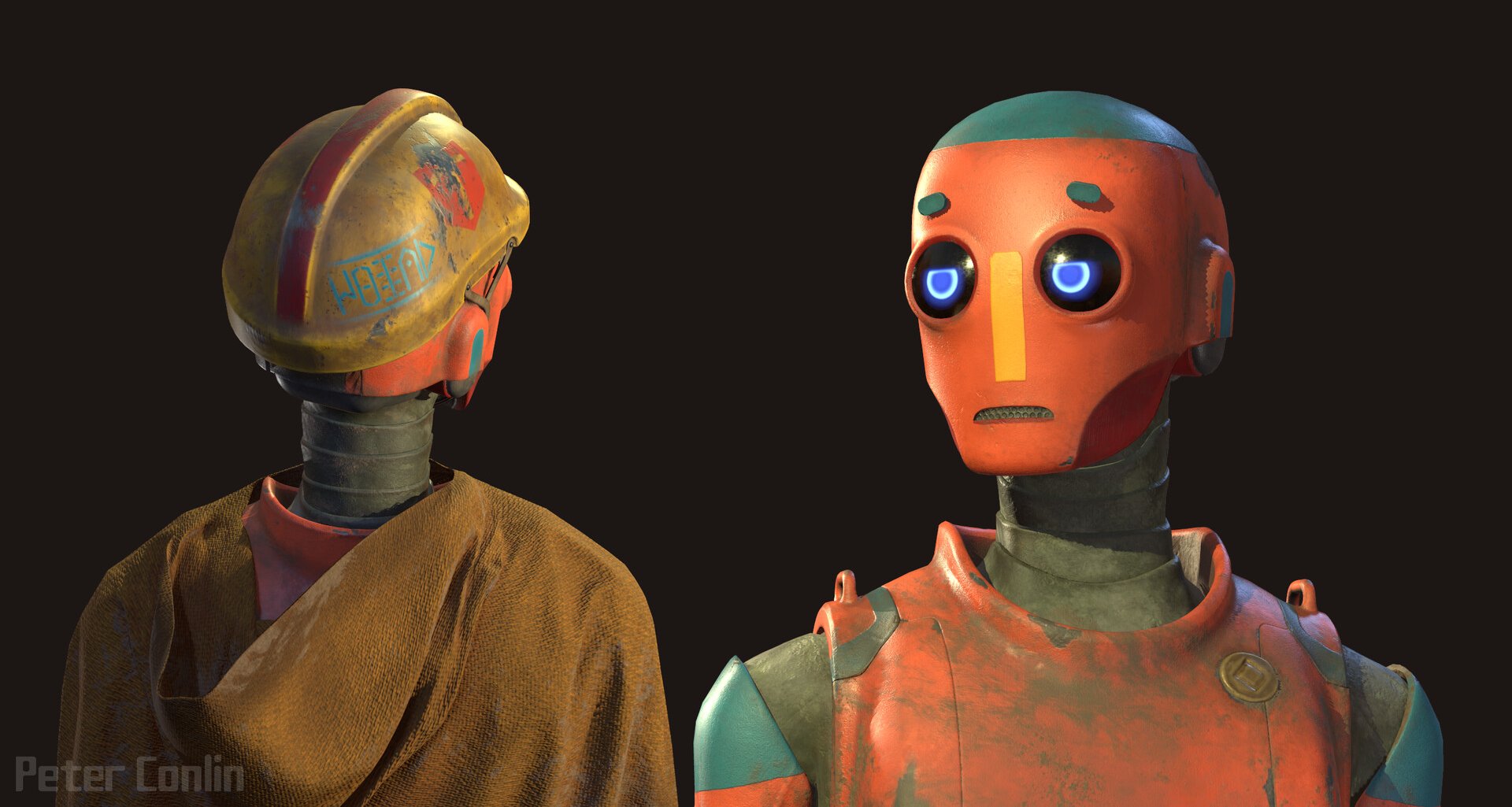 Two headshots of a robot: one facing the camera, showcasing its front features, and the other turned