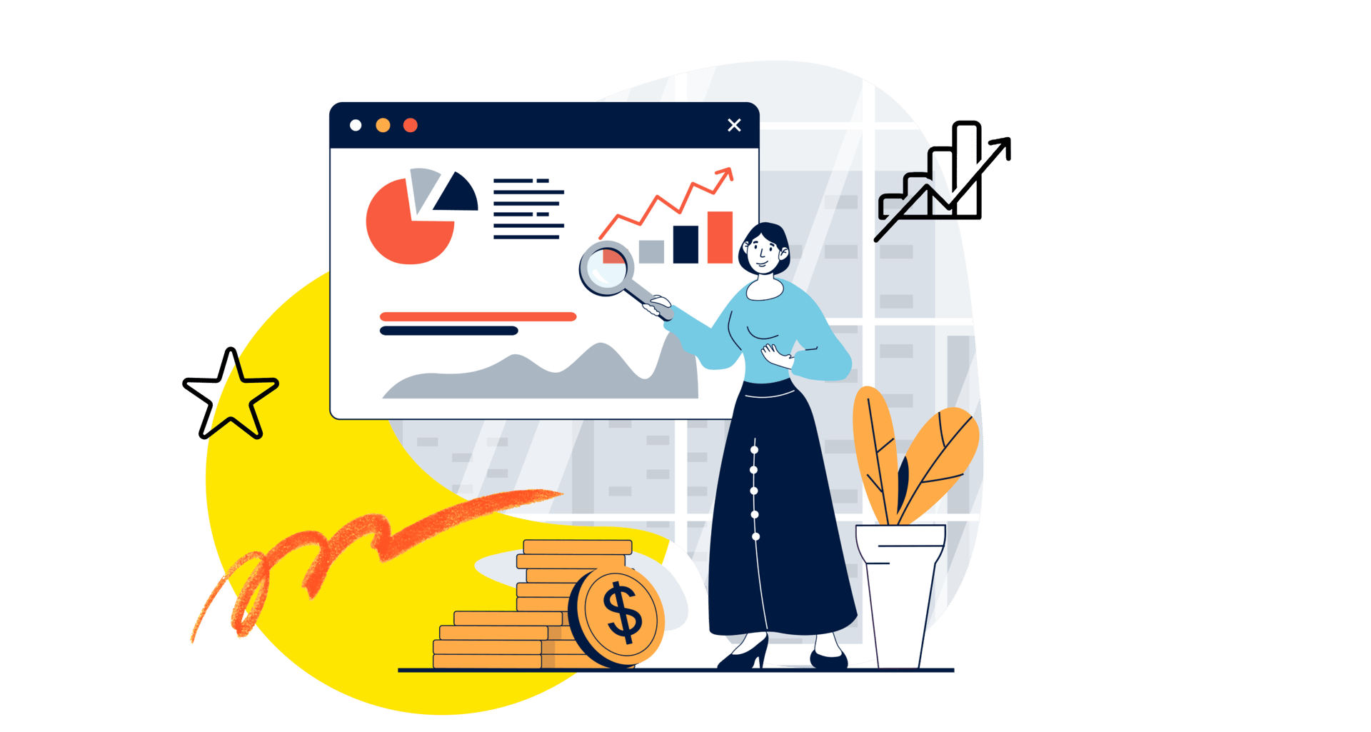 Woman analyzing financial data dashboard with charts, graphs, and coins for business growth.