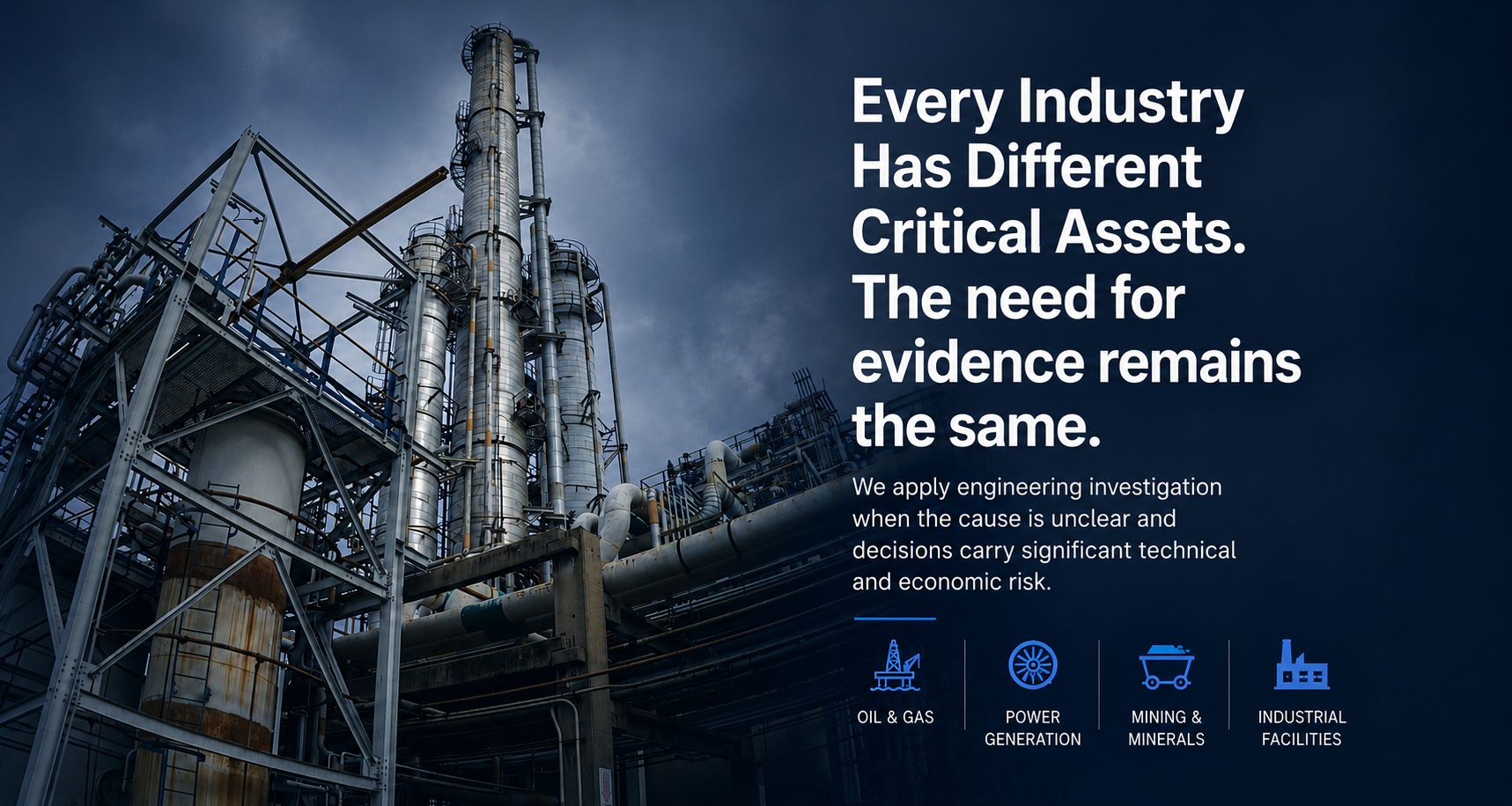 Industrial facility representing engineering investigation across critical industries.