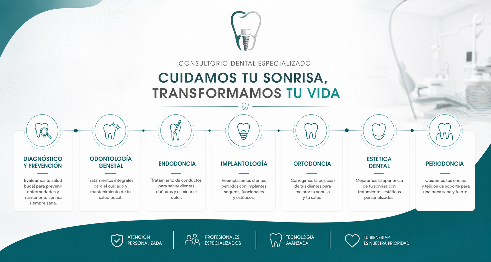 Especialidades dentales de Klinik Dent México incluyendo implantes, ortodoncia, endodoncia y estética dental.