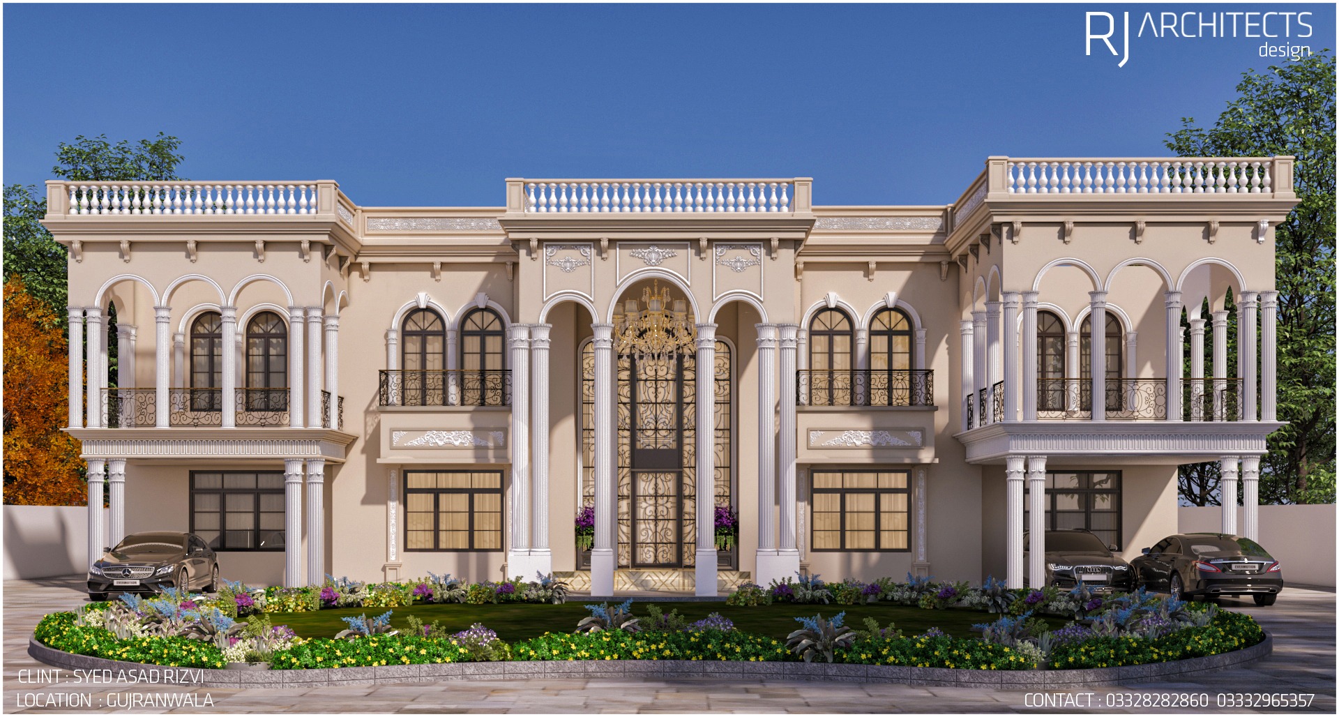 Neoclassical mansion 3D rendering with grand entrance and arched windows