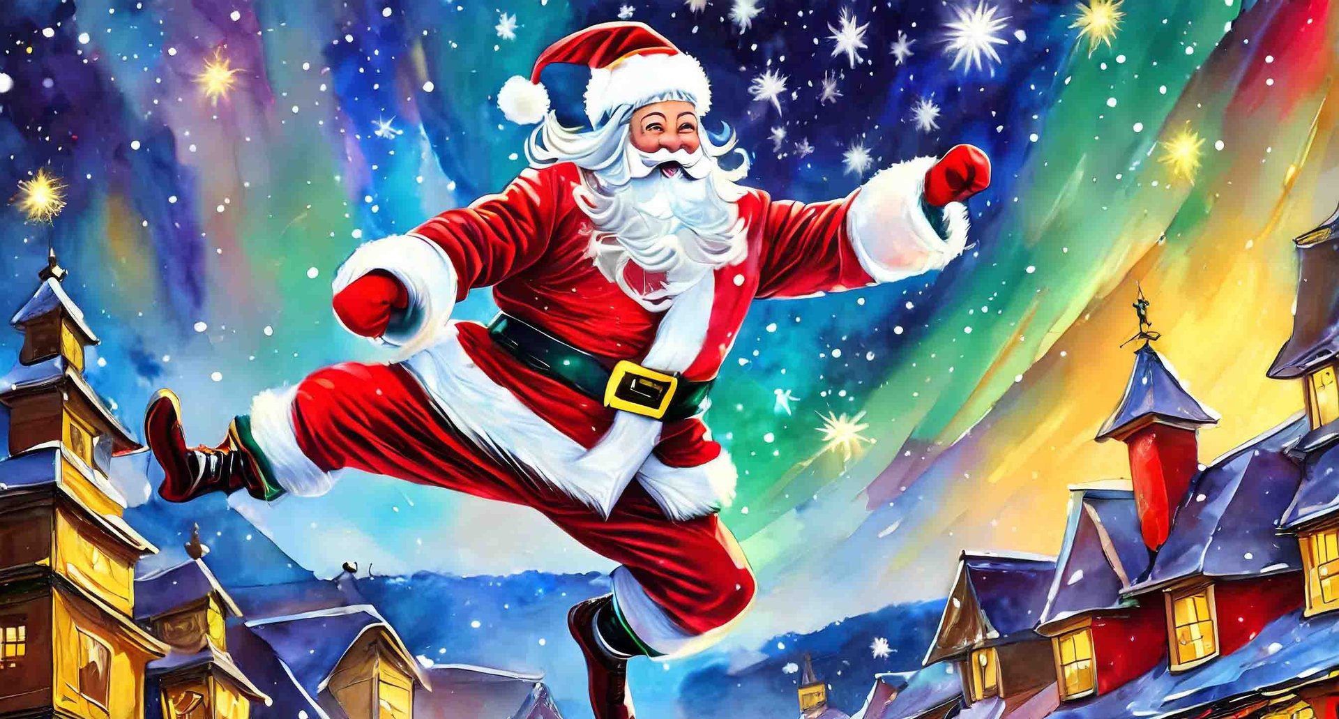 illustration of Santa Claus jumping agilely and happily across the rooftops