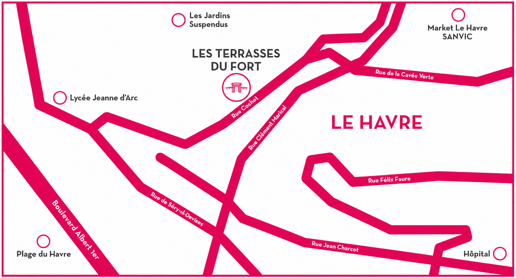 Plan de situation de la résidence Les Terrasses du Fort au Havre avec les principaux axes de circula