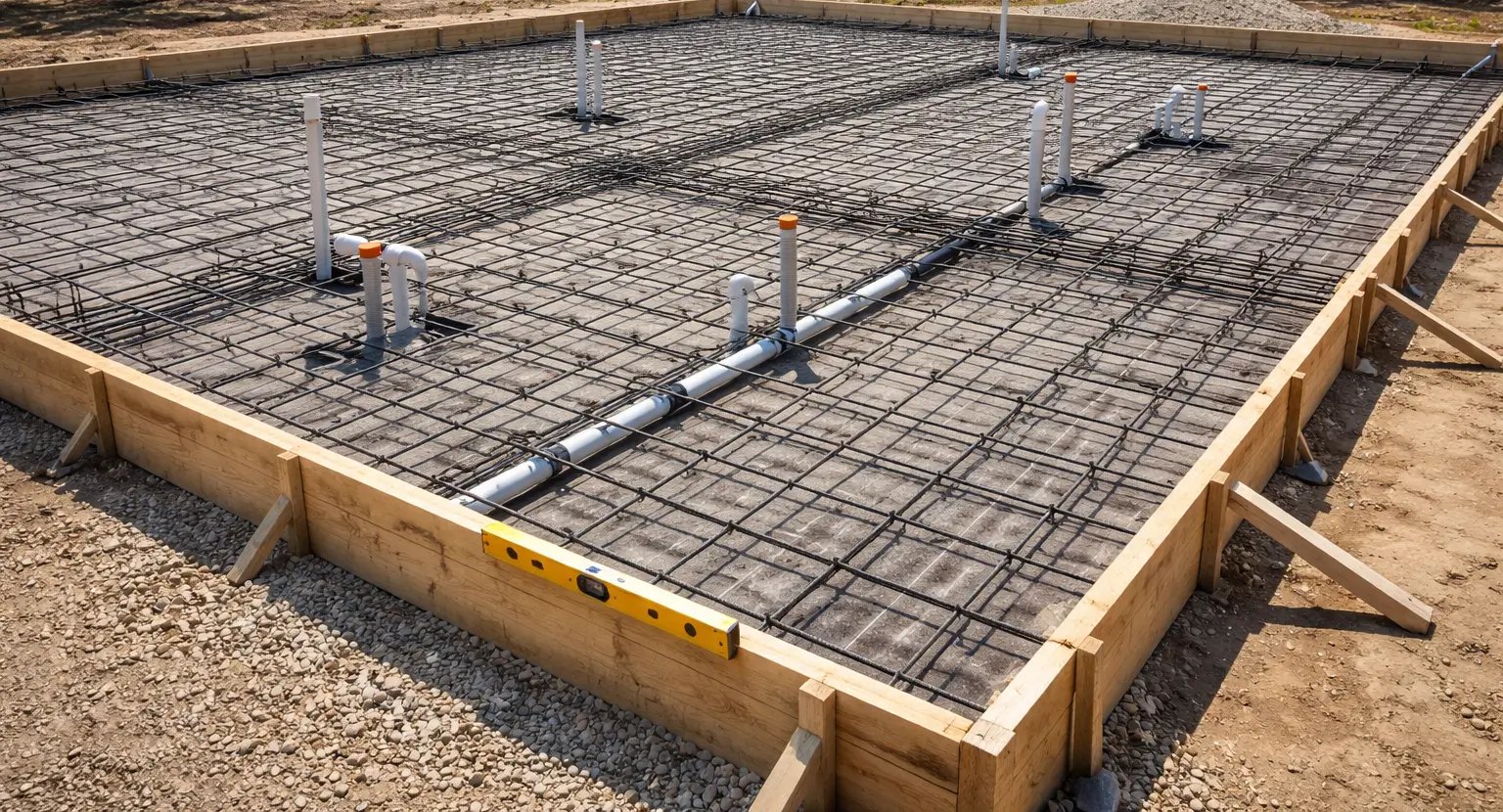 Slab foundation pre-pour with rebar grid, plumbing rough-ins, straight forms, and a level showing precise layout