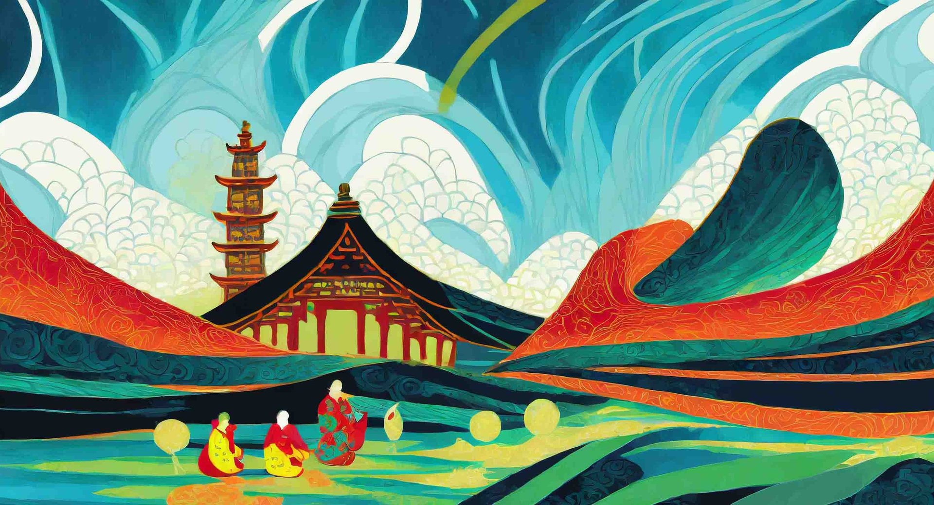 paisaje chino colorido y vibrante