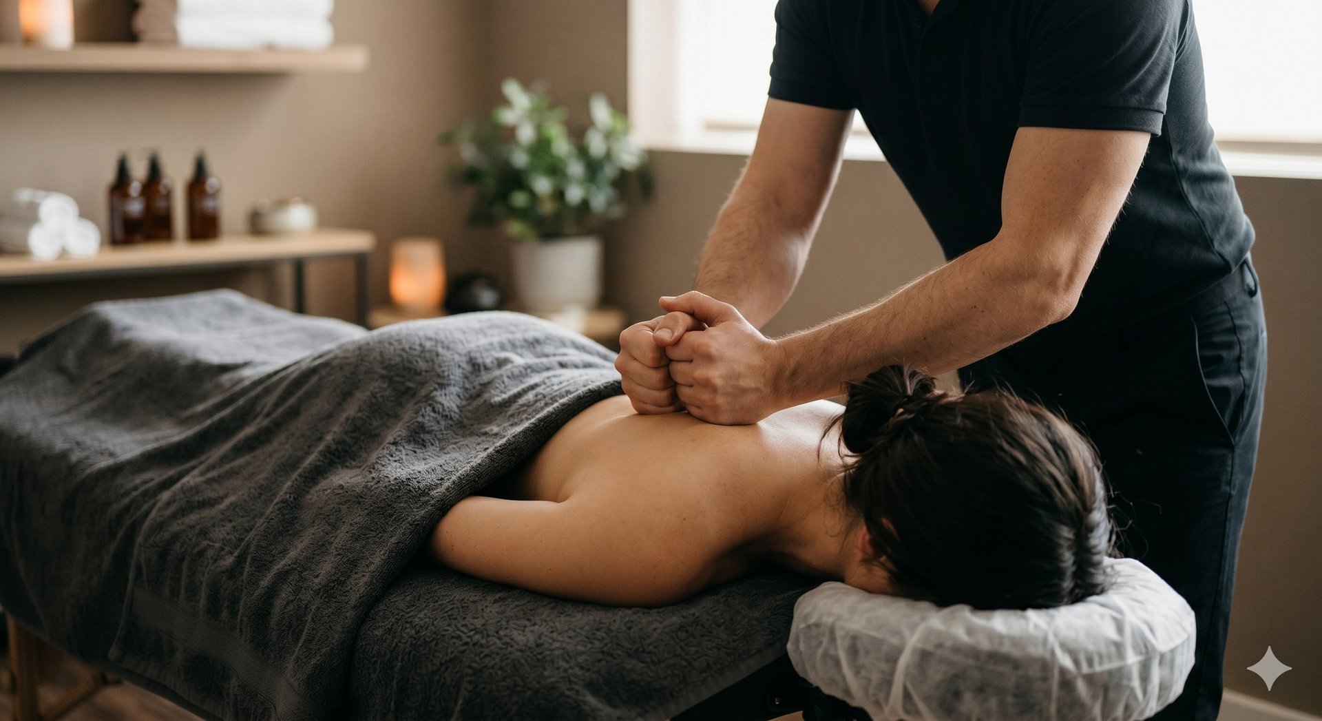 Male therapist applying deep tissue massage pressure to a female client's upper back.