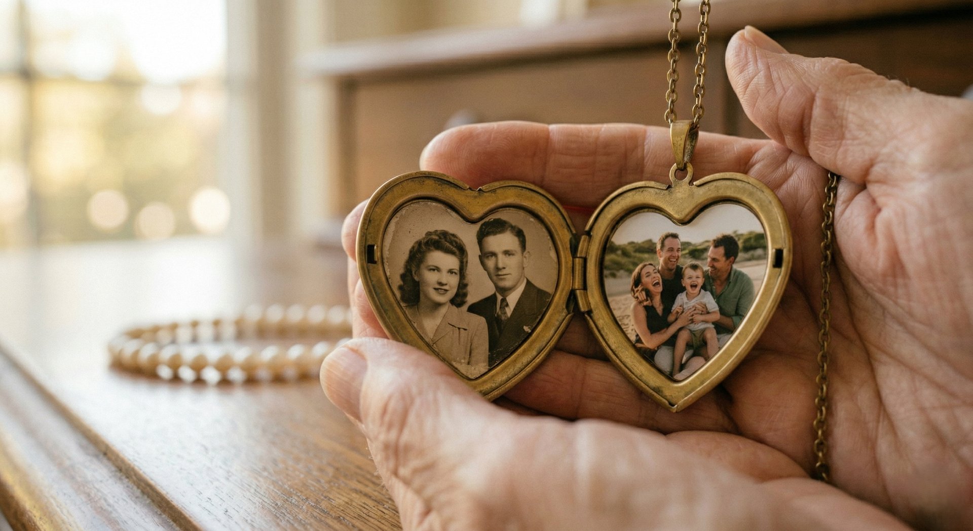 Relicario de corazón dorado abierto con fotos familiares antiguas y modernas en blanco y negro.