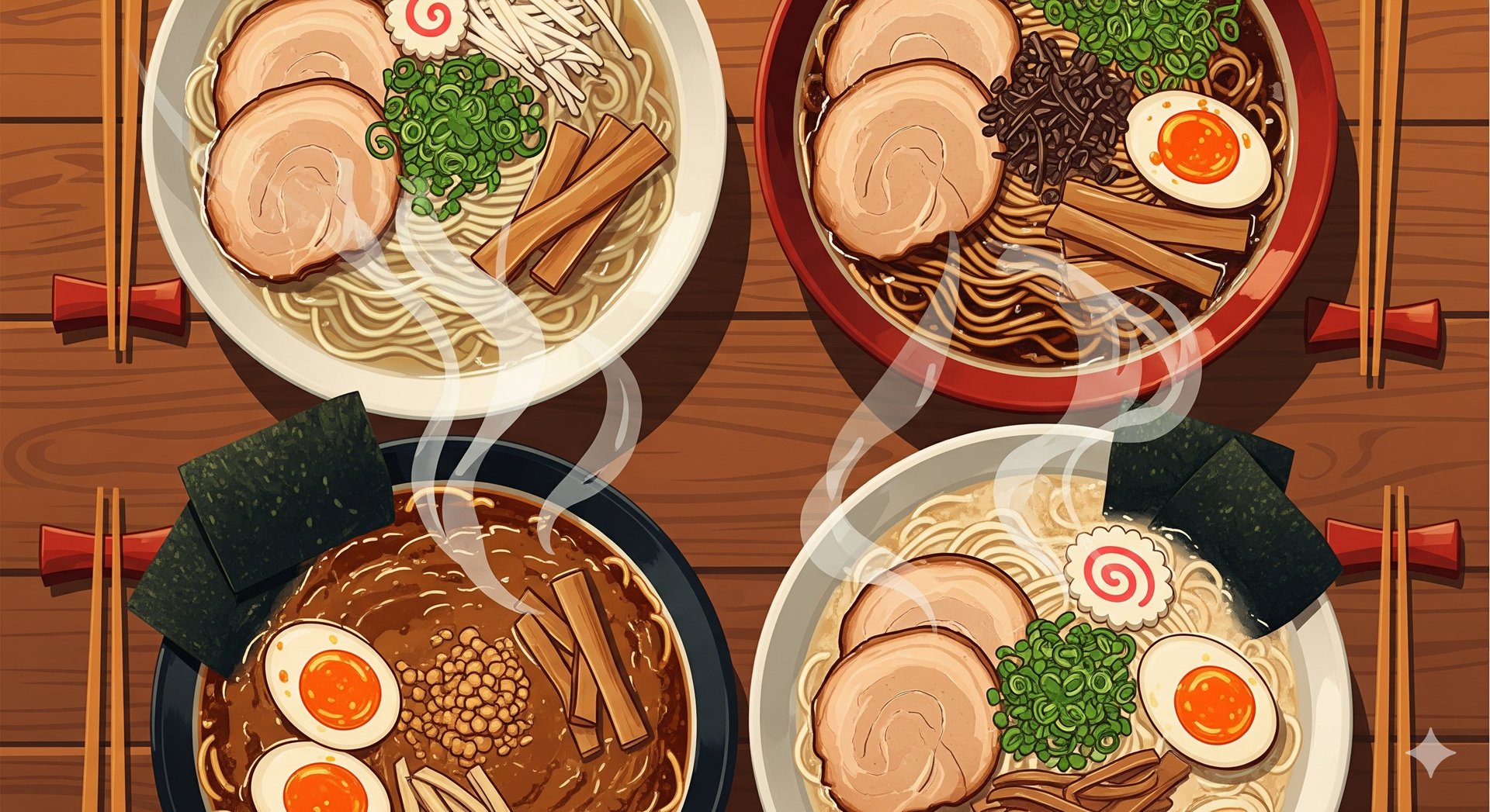 A steaming bowl of Japanese ramen with various toppings, illustrating the different types and flavor
