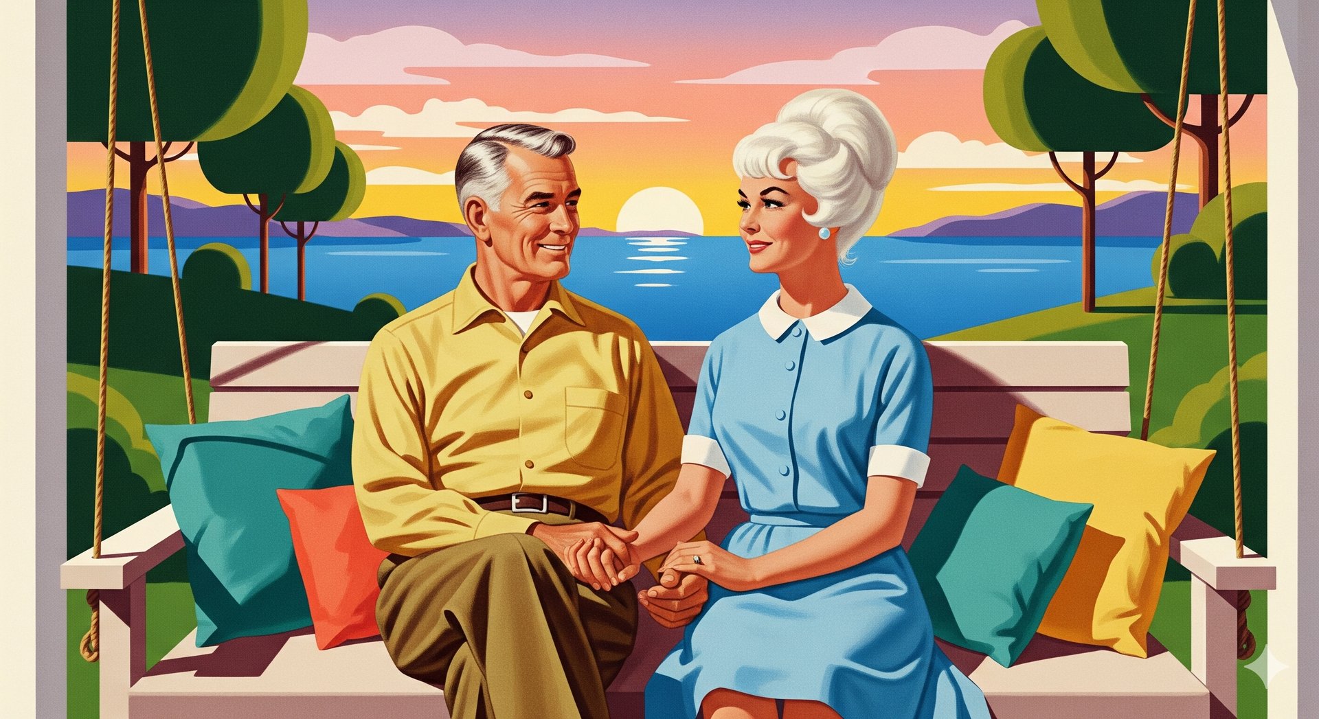 An elderly couple sits on a porch, holding hands and looking at a beautiful sunset, with a sense of 