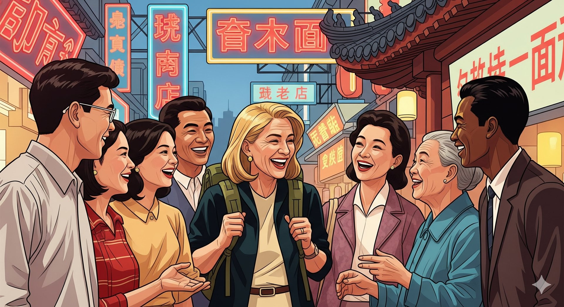 A photo of a Western traveler smiling with a group of Chinese locals in a bustling street market in
