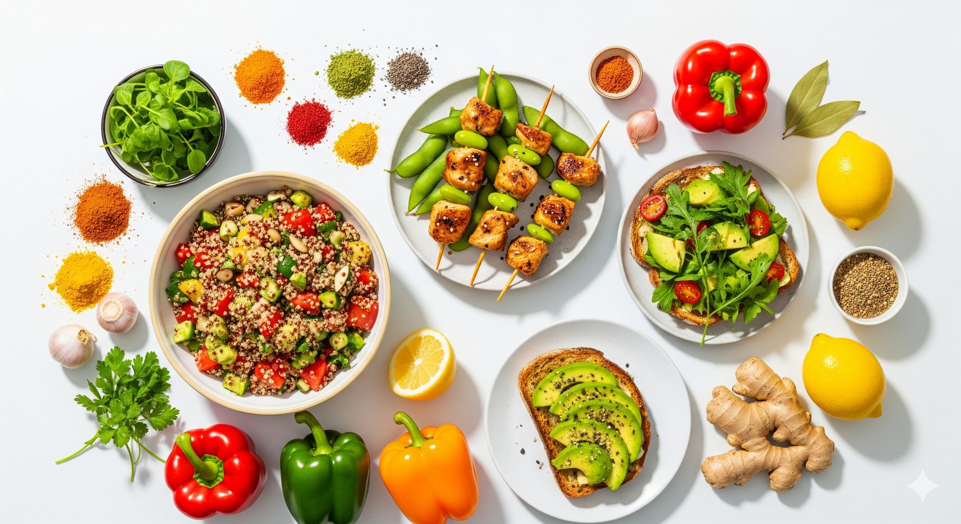 A vibrant flat-lay of assorted natural ingredients and prepared healthy meals. The image shows a bow