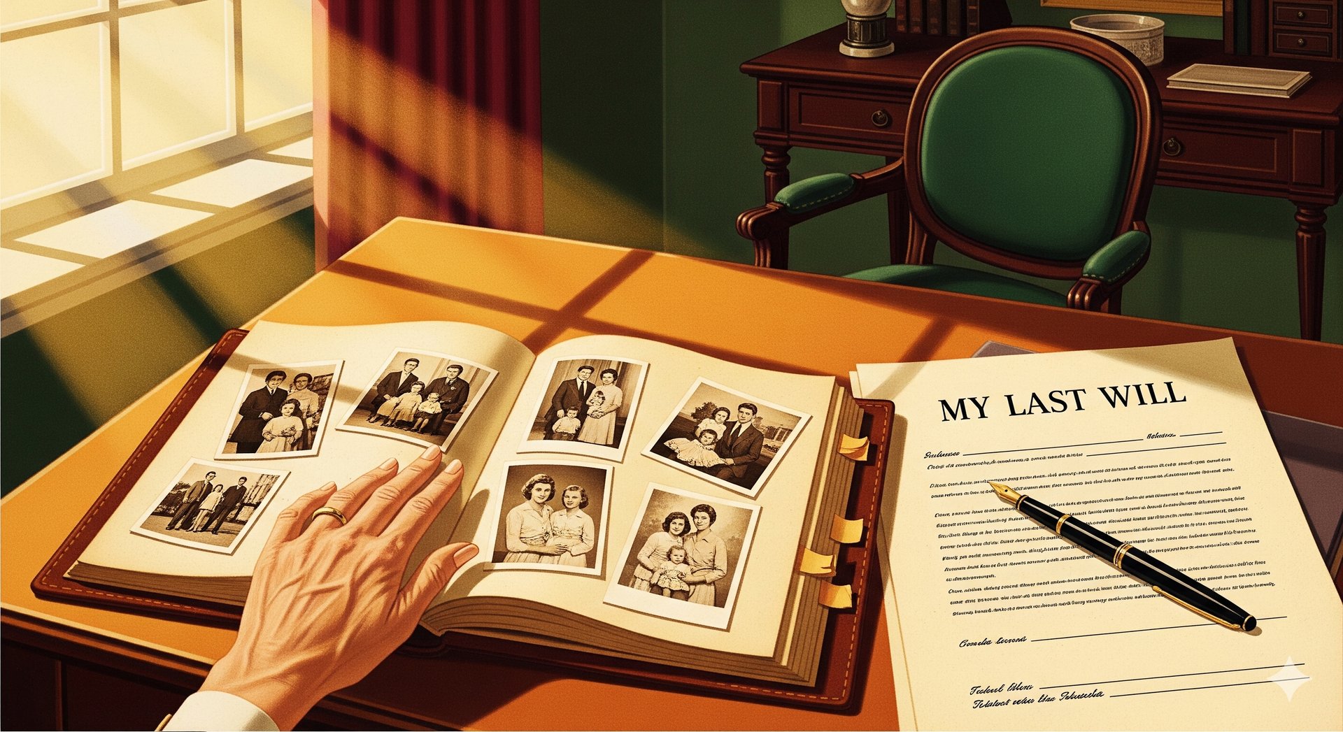 An open, antique-looking photo album filled with black and white photos of a family, with a simple, 