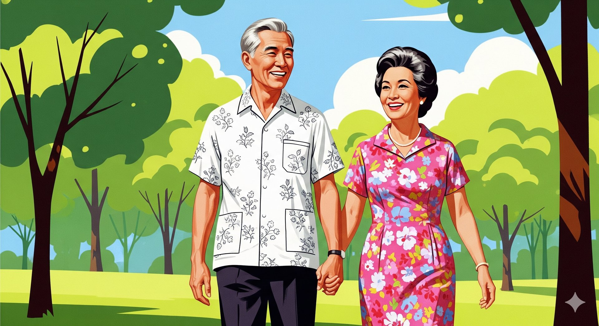 A close-up image of an older Singaporean man and woman smiling and walking hand-in-hand in a park, w