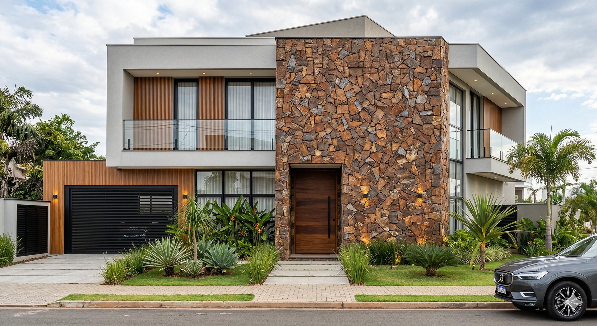 Pedra Ferro Filete Mosaico, assentada na parede fachada de uma casa de alto padrao