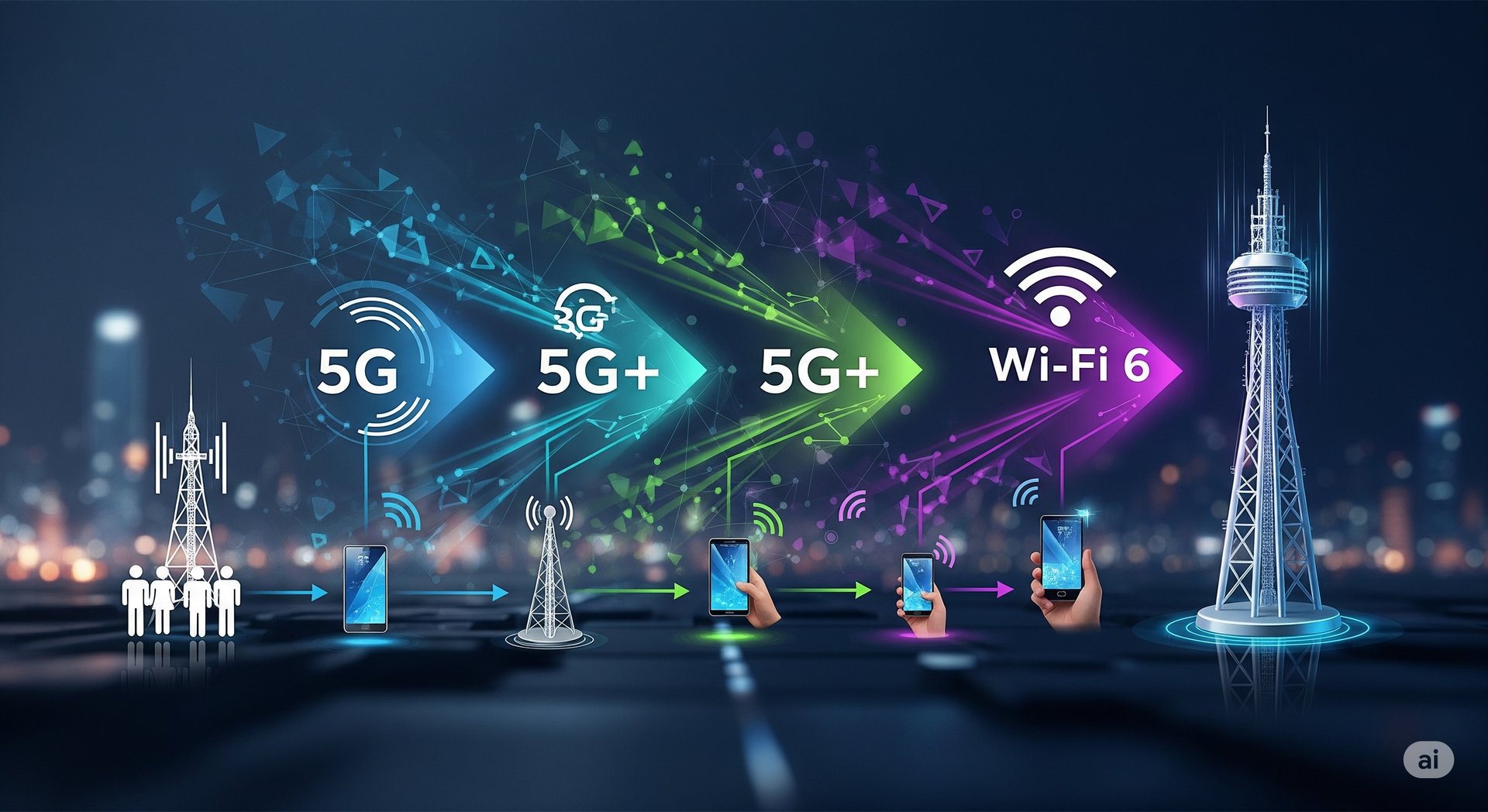 uma cena de rua da cidade com muitos tipos diferentes de dispositivos sem fio