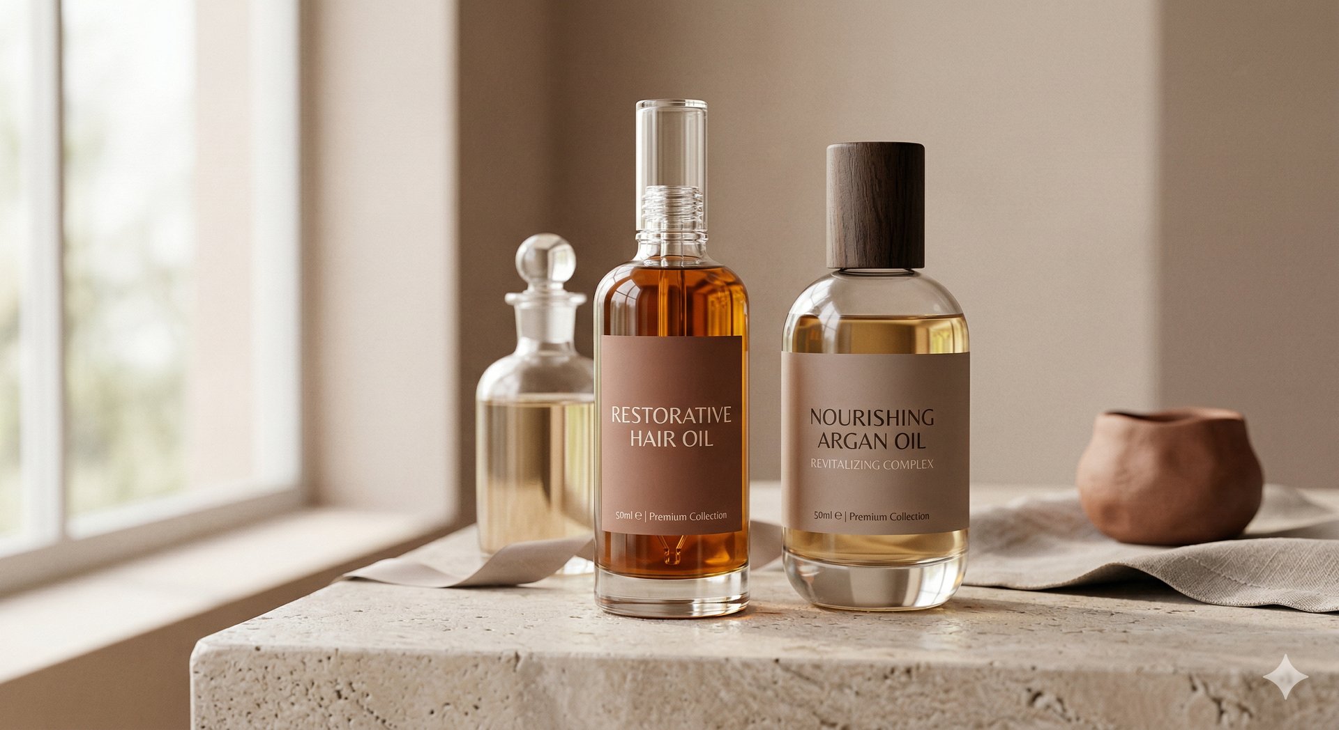 Glass bottles of restorative hair oil and nourishing argan oil for natural hair care treatment.